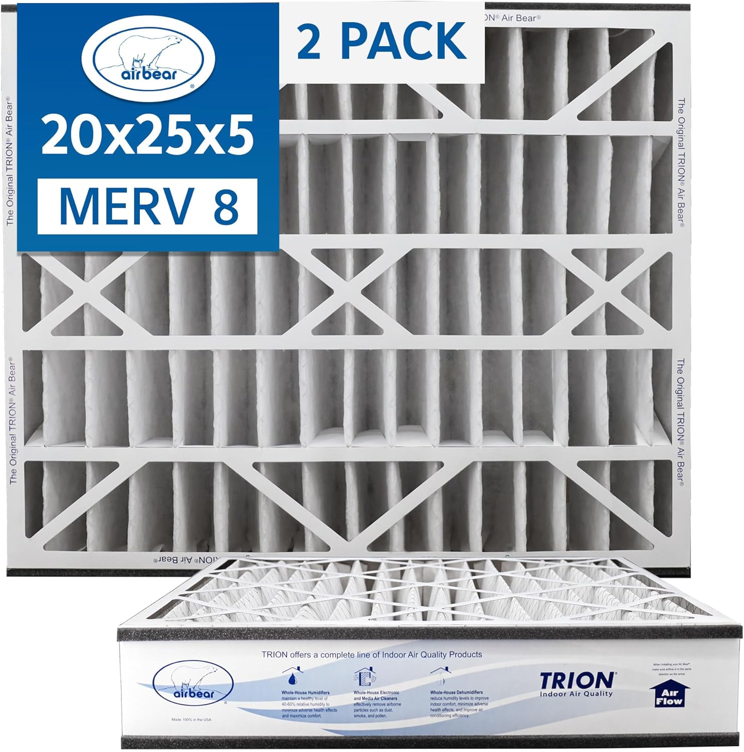 Air Bear 20x25x5 Pleated HVAC Air Filter MERV 8 (2-Pack) (actual size: 19.75" x 24.25" x 4.9" in.) compatible part number 255649-102