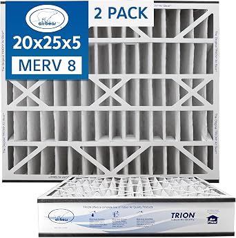 Air Bear 20x25x5 Pleated HVAC Air Filter MERV 8 2-Pack actual size 19.75" x 24.25" x 4.9" in. compatible part number 255649-102