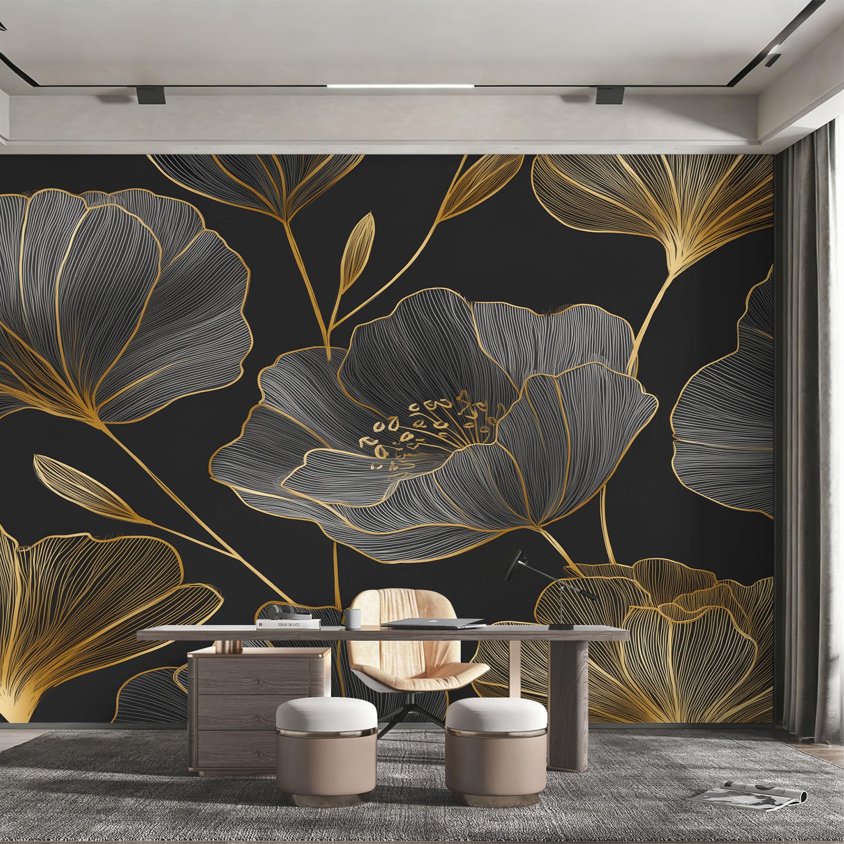 Papier peint fleur noir et or grand format pour masquer les défauts
