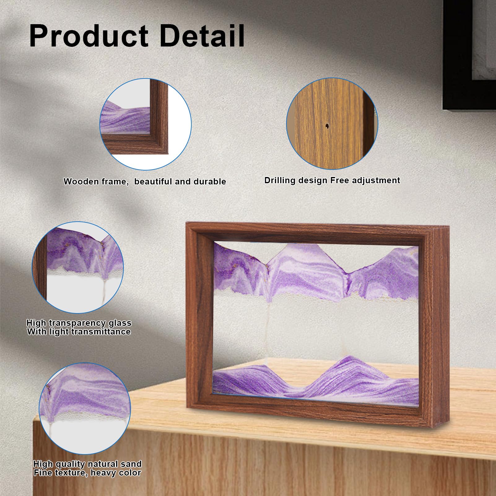 AzureLeap Pittura di Sabbia che Scorre Quadro 3D Sabbia Dinamica Paesaggio Marino, Decorazioni per Casa e Ufficio Giocattolo da Scrivania per Adulti Cornice in Legno [Viola-8"]