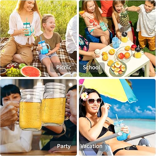 Miniatura 9 de Mason Jars - Juego de 2 vasos para beber, vasos Mason de 16 onzas con popote y tapa, taza de boca ancha con asa (2 unidades, azul)