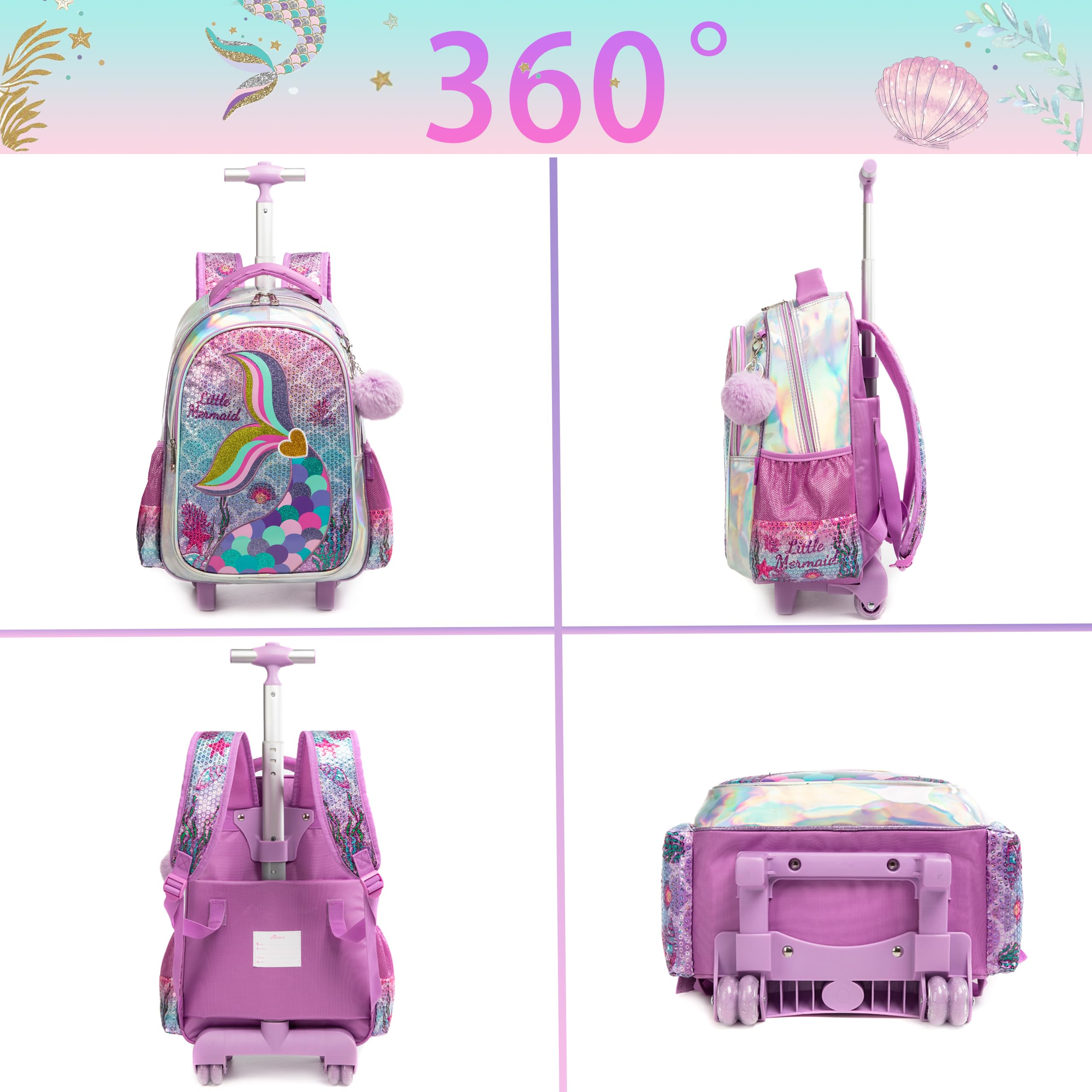 HTgroce Cartable Fille Primaire roulettes, 3 en 1 Cartable Fille Sac à Dos Un Sac à Lunch et Un étui à Crayons