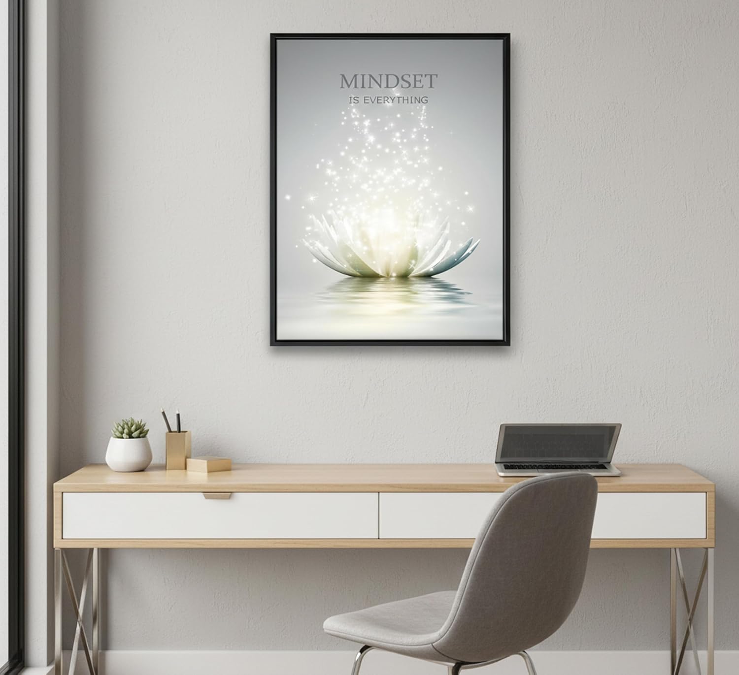 Floating Framed Zen Wall Art, White Lotus Flower Canvas Prints, Just Breathe Picture Poster for Office Spa Yoga Meditation Room Bathroom Wall Decor 16x24in Ready to Hang