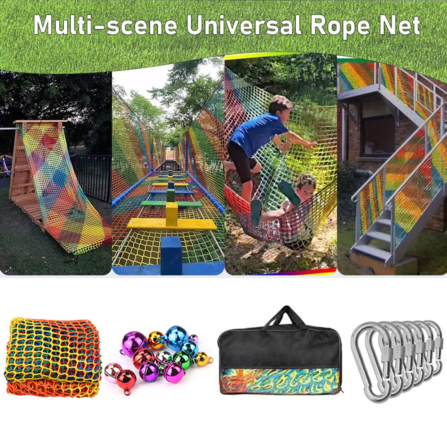 Rete Da Arrampicata Per Parco Giochi,3x3m Doppio Strato Rete Protezione Di Sicurezza Per Bambini,Adatto Per Uso Esterno e Interno,Include Una Borsa Portaoggetti,4 Ganci e 8 Campanelli(Arcobaleno)