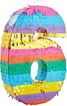 BLUE PANDA Rainbow Number 6 Pinata - Sturdy Corrugated Build & Easy Hang for Fiesta Party - Candy Filled 6th Birthday Party Surprise - Vibrant Tie-Dye Items for Kids - Small 16.5x11x3 In, Blue/White