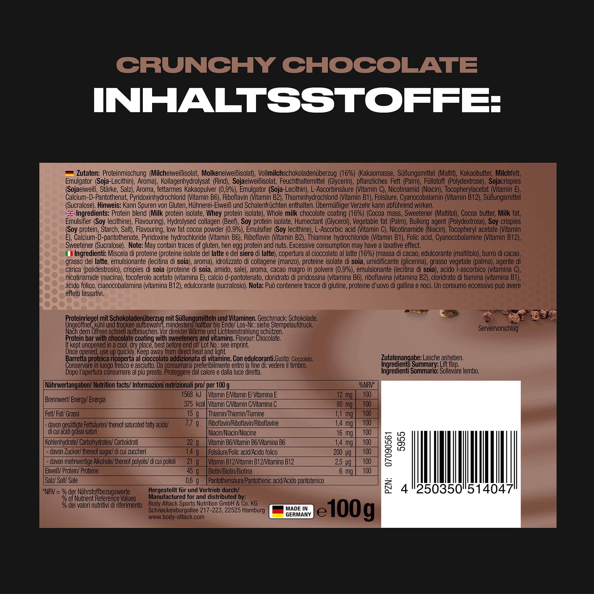 Body Attack Carb Control, Chocolate crujiente, barra proteínica de 100g sin azúcares añadidos, baja en carbohidratos y alta en proteínas, barra proteica con suero, también en la caja mezclada.