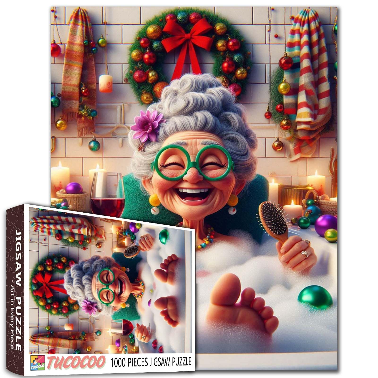 Old Woman Taking a Bath Jigsaw Puzzle 1000 Piece for Adult Wine Glasse Christma Decoration Intellectual Decompressing Fun Family Game Living Room Wall Decoration Relaxation Entertainment Activity