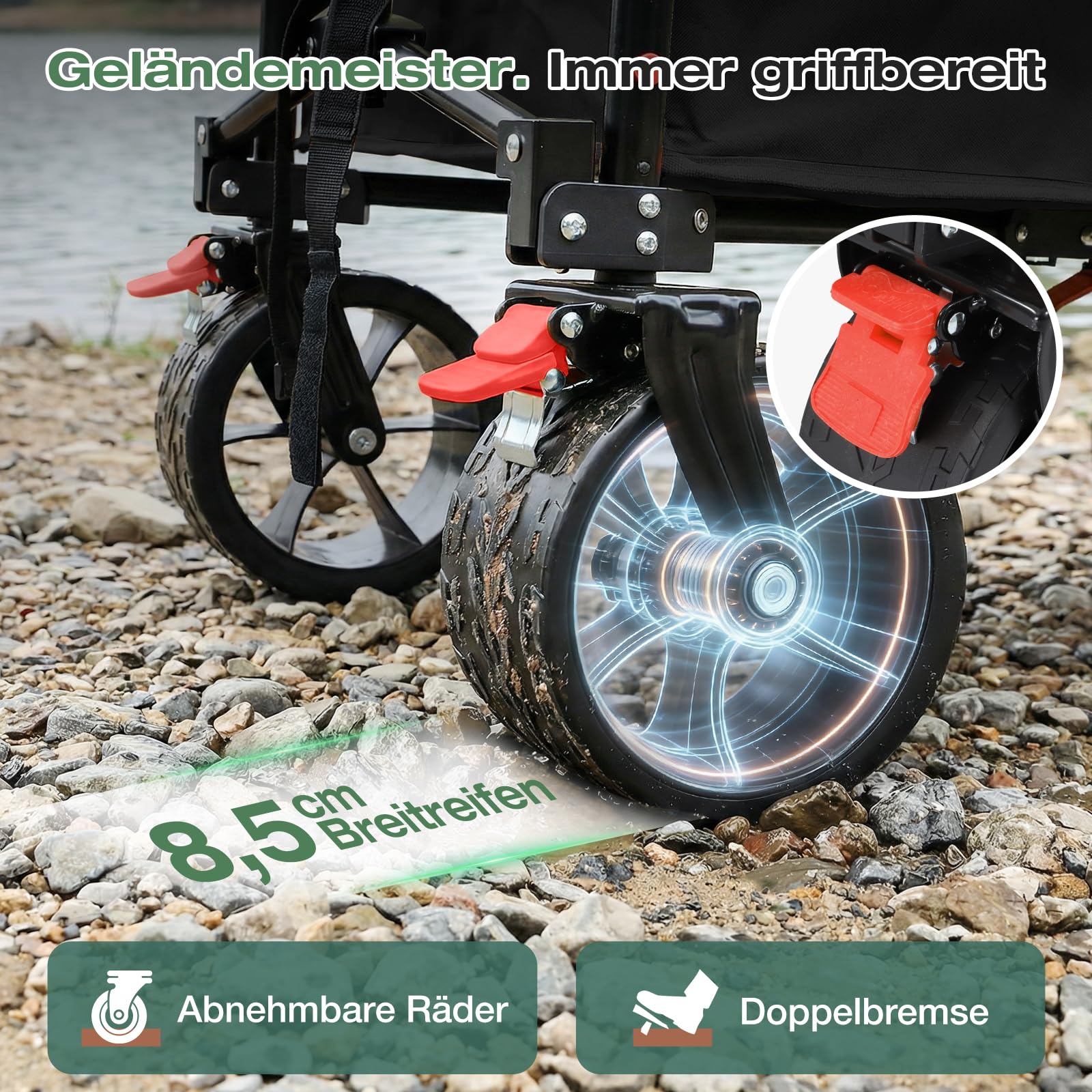 Sekey XXL Bollerwagen Faltbar 135L 150KG Belastbar, Leichter Faltbollerwagen mit Breite 17x8,5cm Räder Handwagen mit Bremse, Patentiert 4-Wege-Sofortaufbau Transportwagen, 4031 All Terrain, Schwarz