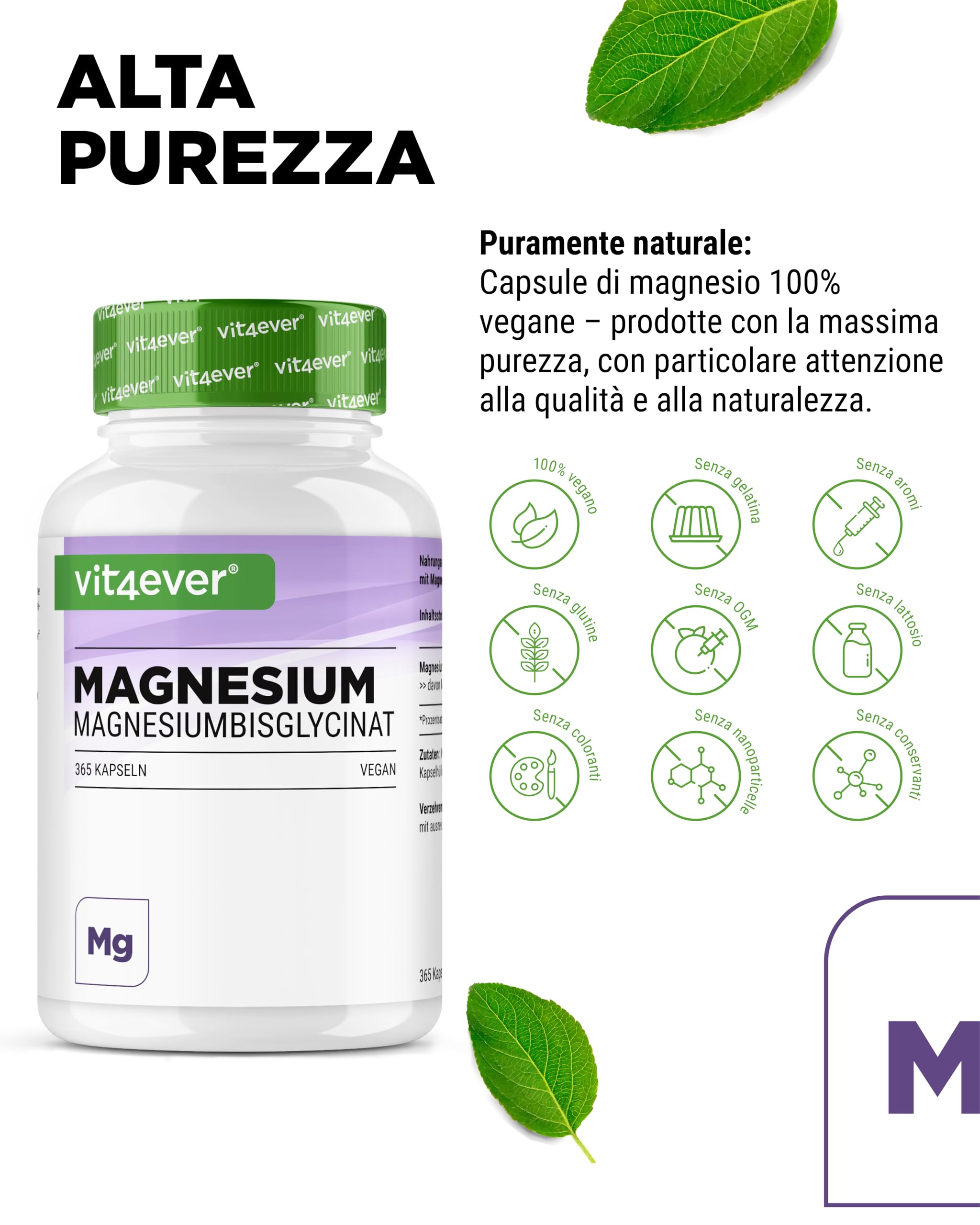 Magnesiobisglicinato - 365 Capsule - 300 mg di Magnesio Elementare per Dose giornaliera - Premium: Magnesio Chelato - Vegano - Ad Alto Dosaggio