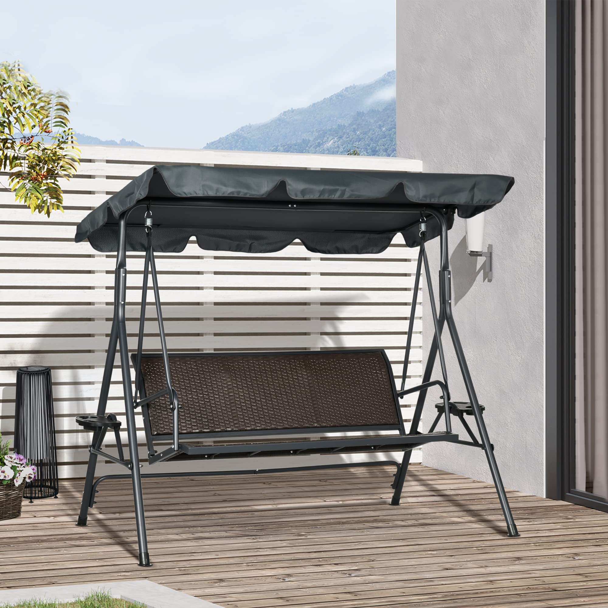 Outsunny Columpio de Jardín de 3 Plazas Banco Balancín para Exterior con Toldo Ajustable Asiento de Ratán 2 Portavasos 2 Bandejas y Marco de Acero Carga 320 kg para Terraza Patio 204x112x150 cm Gris