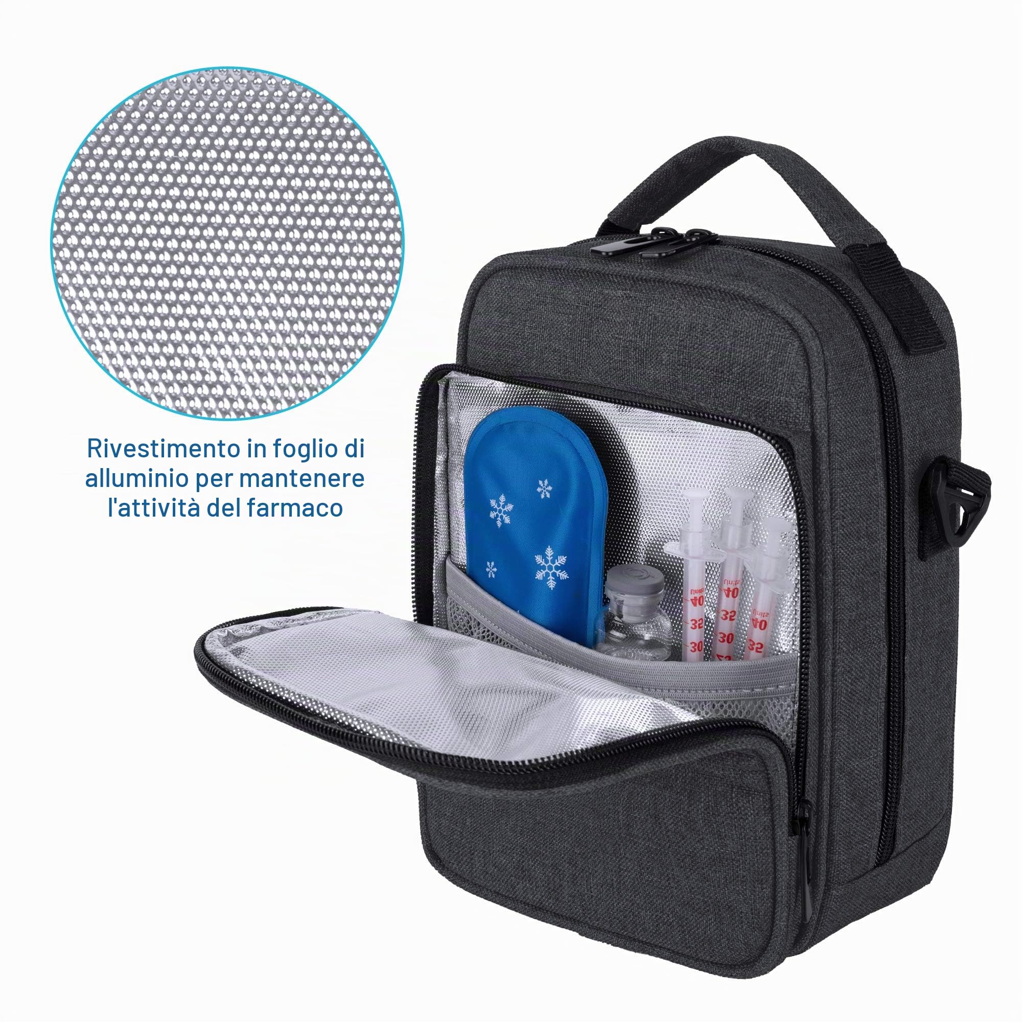 CURMIO Custodia da viaggio per refrigeratore per insulina, borsa organizer per farmaci per diabetici con tracolla per penne per insulina e forniture per diabetici, Nero