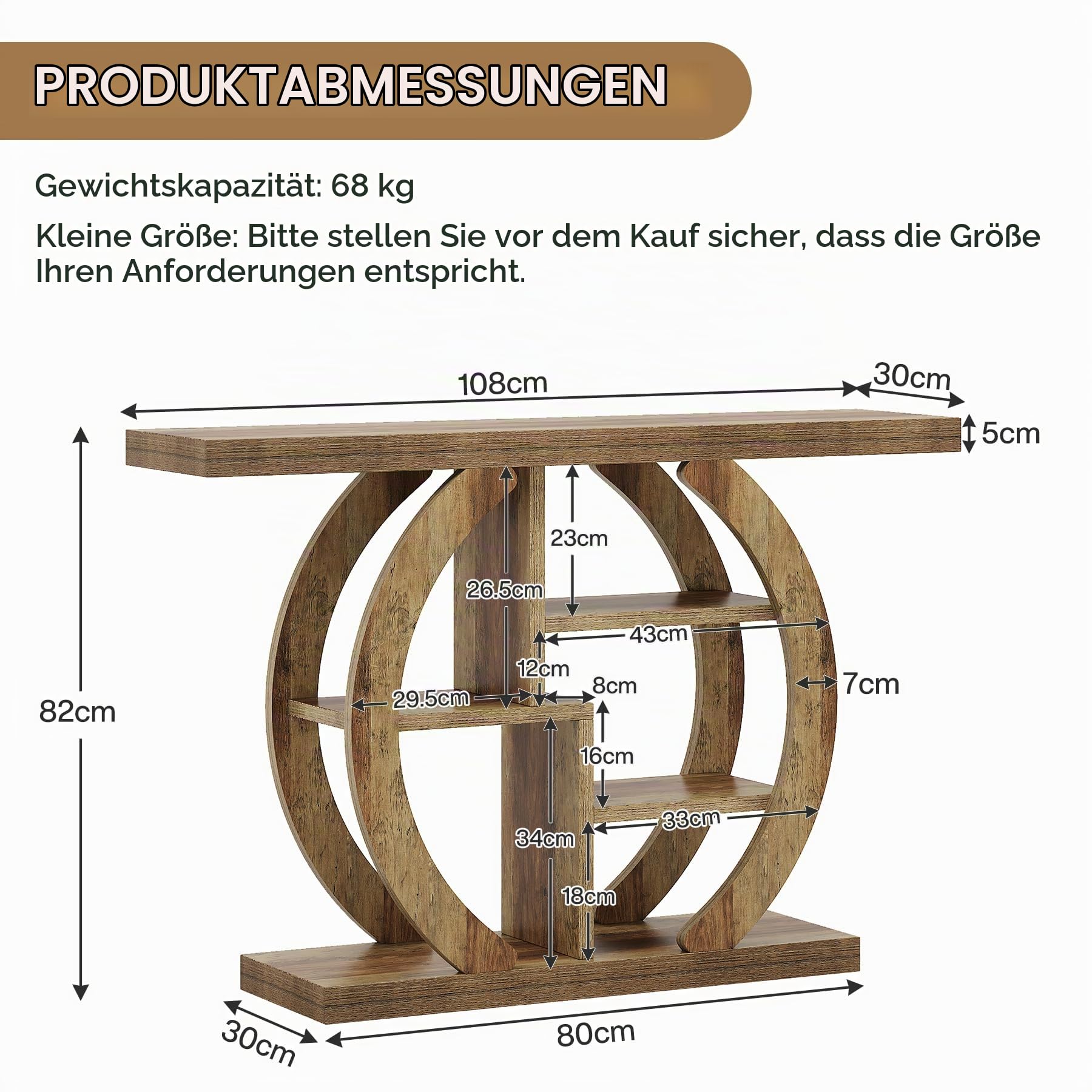 LITTLE TREE Konsolentisch schmal, 108 cm Sofatisch mit 4 Ablagen, Beistelltisch, Ausstellungstisch, Flurtisch, Metallgestell für Wohnzimmer, Flur, Eingang, vintagebraun