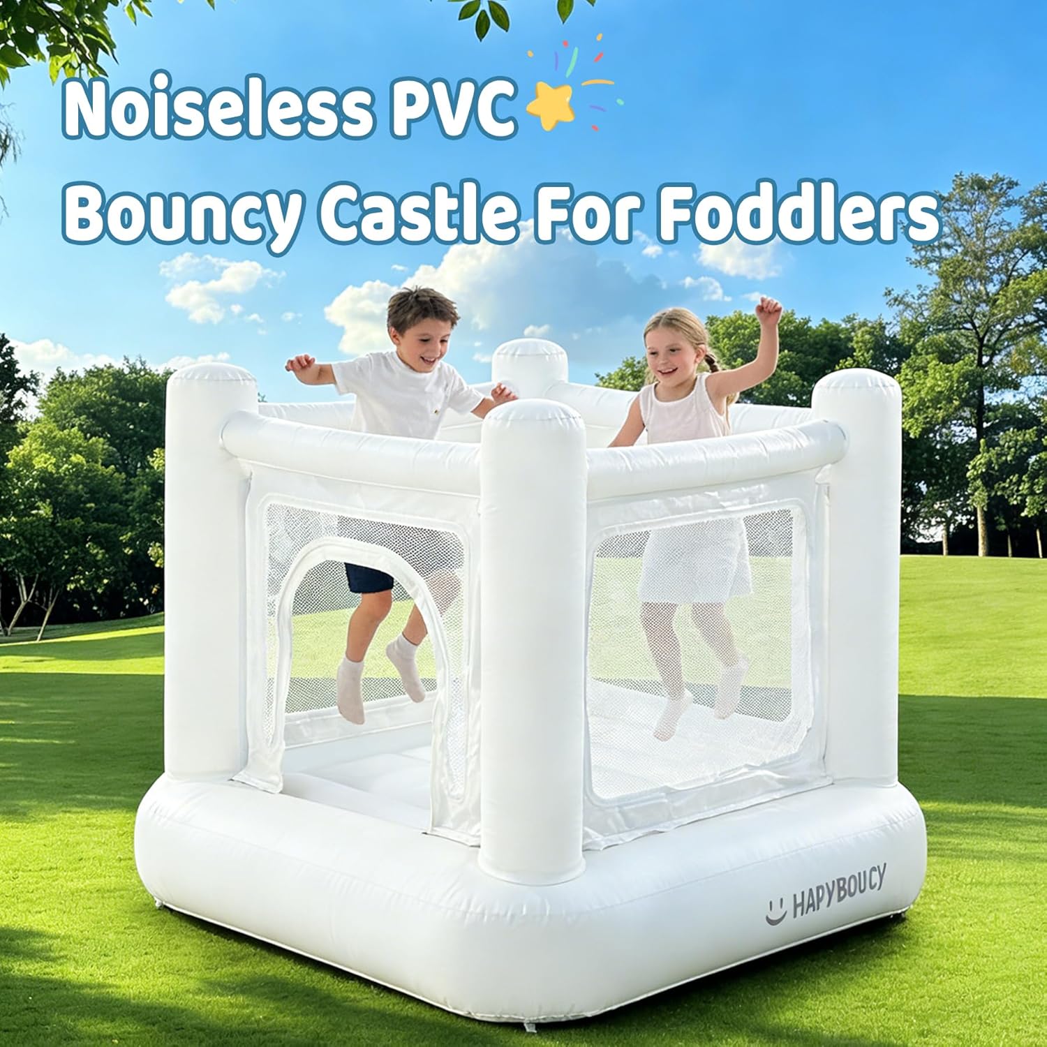 Indoor Bounce House for Toddlers 1-3, Noiseless Small Bouncy House, PVC Materials, Mini Bouncy Castle for Indoor Outdoor Use, 55in Lx55in Wx45in H, White Bounce House with Built-in Blower, Nice Gift