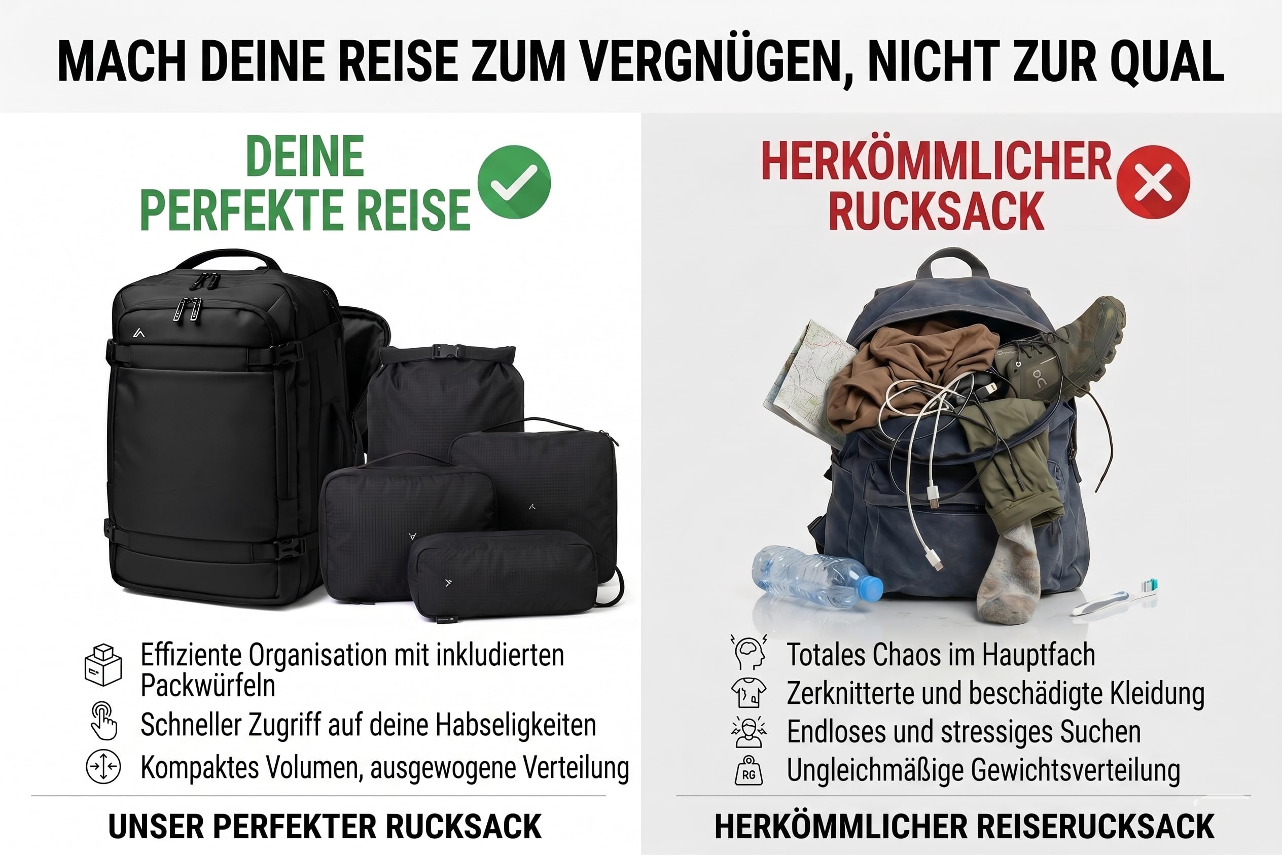 +ZH Reisen rucksack flugzeug + Packwürfel Set mit Kompression aus recycelten Plastikflaschen + Organizer für Handgepäck, Handgepäck-Ruck sack 40x30x20 auf 45x30x20, Packing Cubes, Organizer