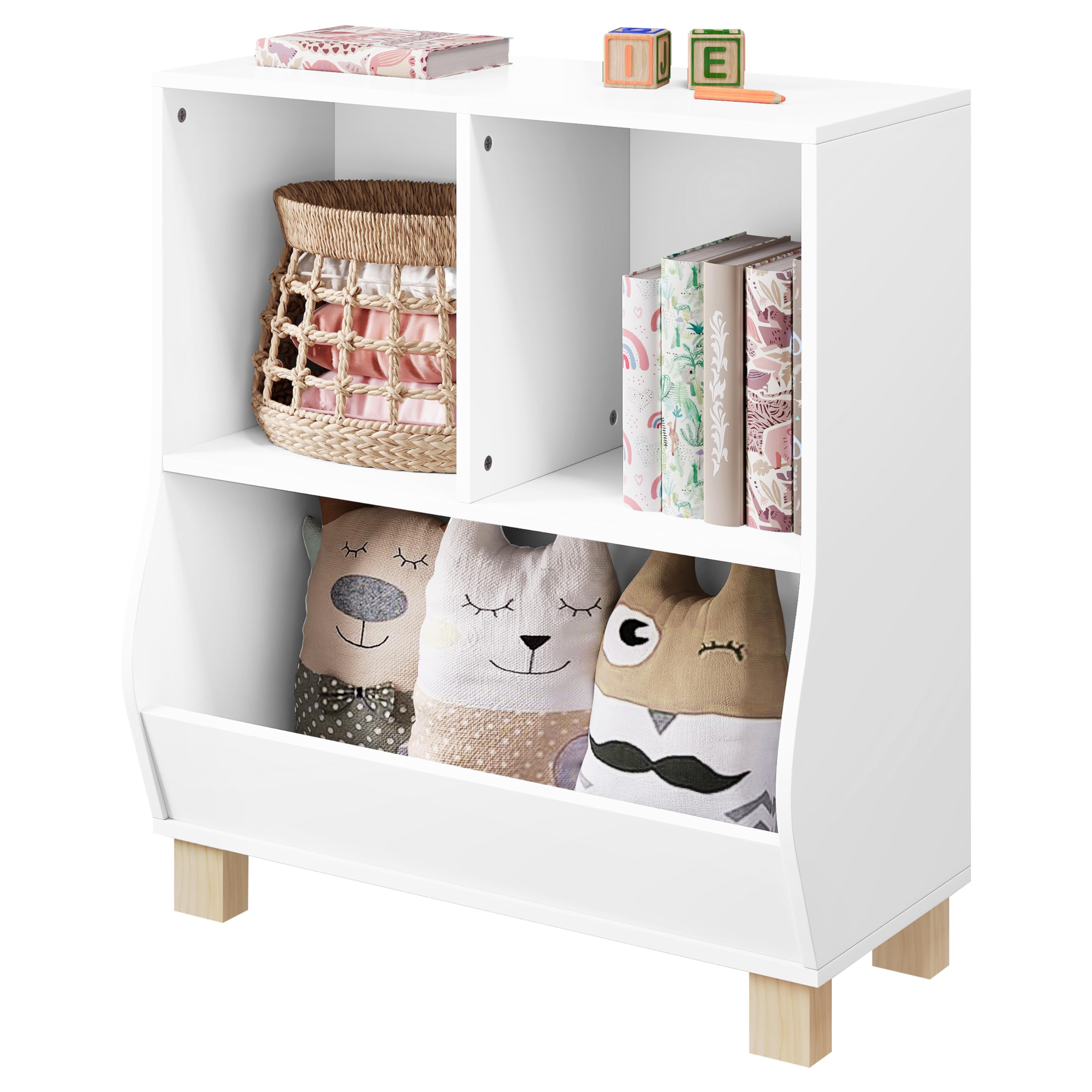 Lestarain Librería Montessori, Estantería Infantil para Libros, Librería para Niños con 3 Compartimientos y Patas de Madera Maciza, Organizador de Juguetes, Blanco, 71,5x34,5x76,5 cm