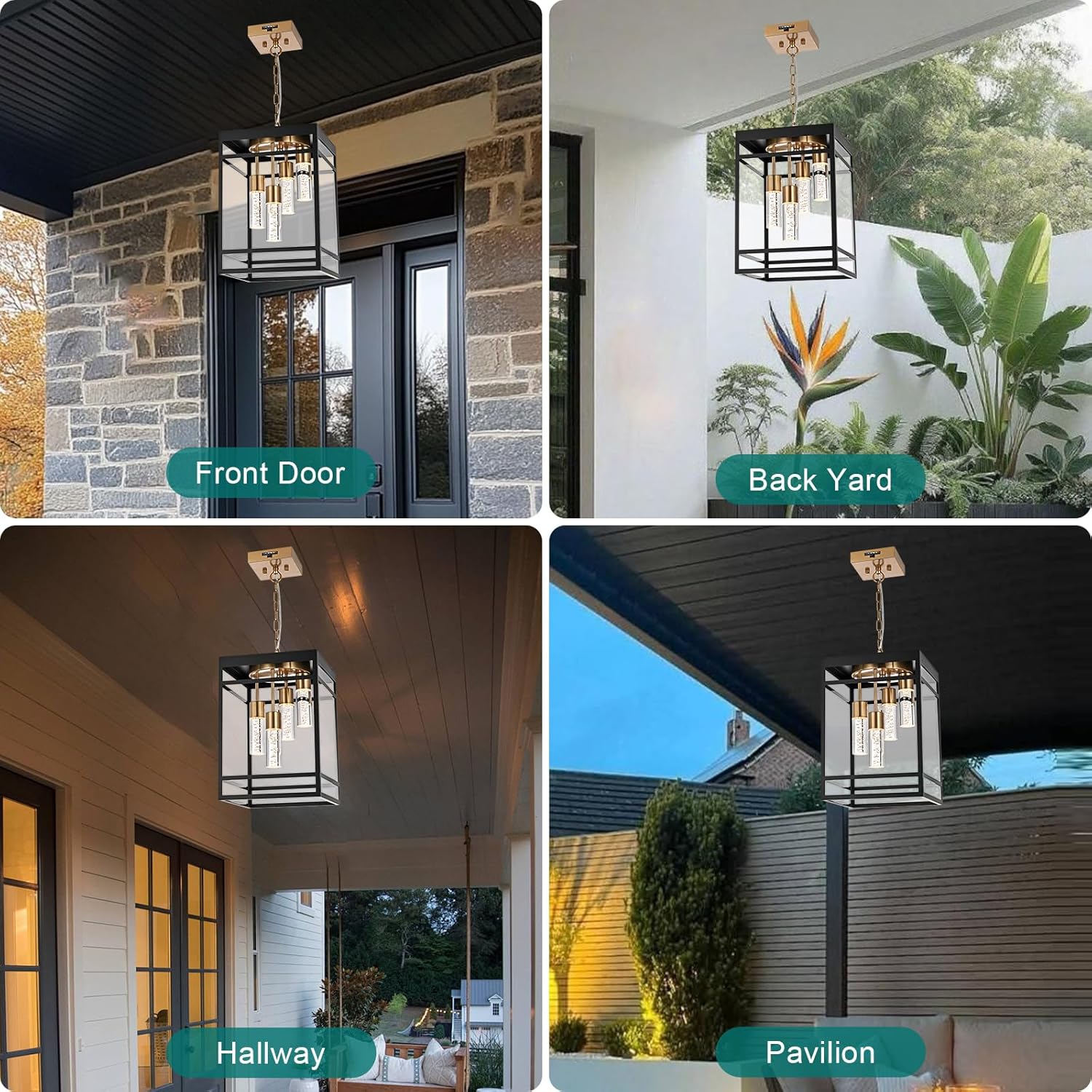 Outdoor LED Pendant Light Fixtures for Porch,4 Lights 5CCT Large Hanging Pendant Lantern,Black Brass LED Integrated Bulbs Modern Outdoor Pendant Lights, Exterior Chandelier for Patio,Foyer
