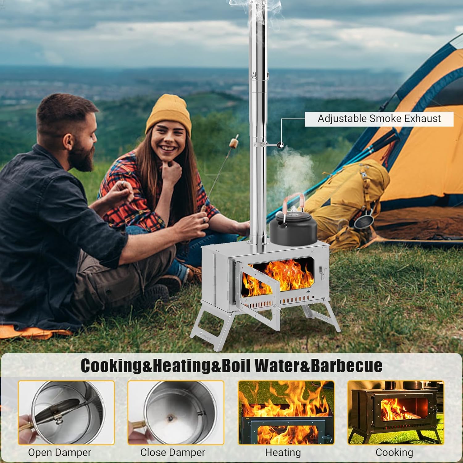 OUTLANE Portable Charcoal Grill Tent Stove for Camping – Large Stainless Steel Firebox, Collapsible, 5 Chimney Pipes, Carry Bag, Outdoor Cooking & Heating – Basic