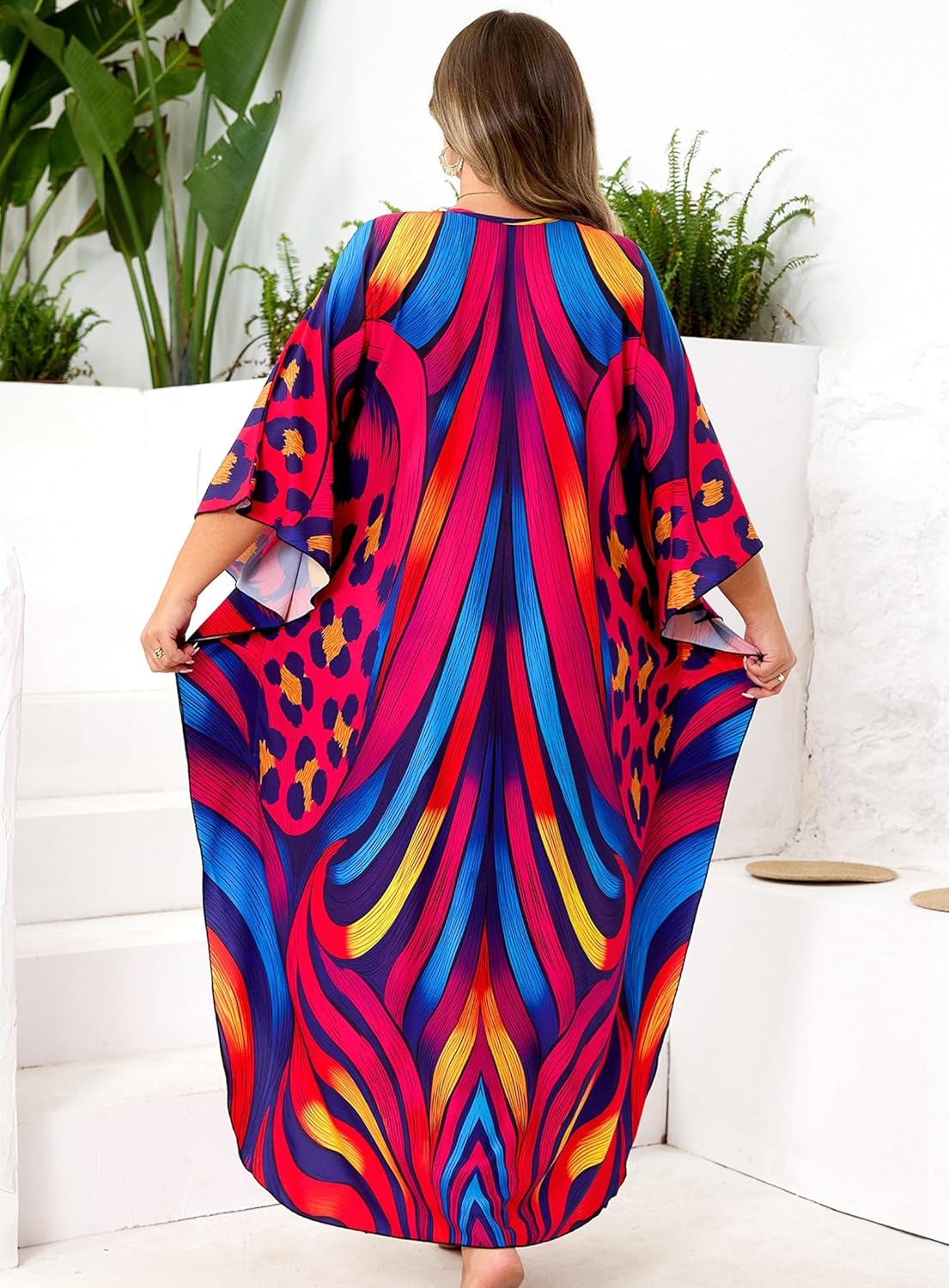 Kaftan Dresses Plus Size V-Neck Women's Swimwear Cover Ups Tie Dye Batwing Sleeves Mumu Caftan Dress - Image 3