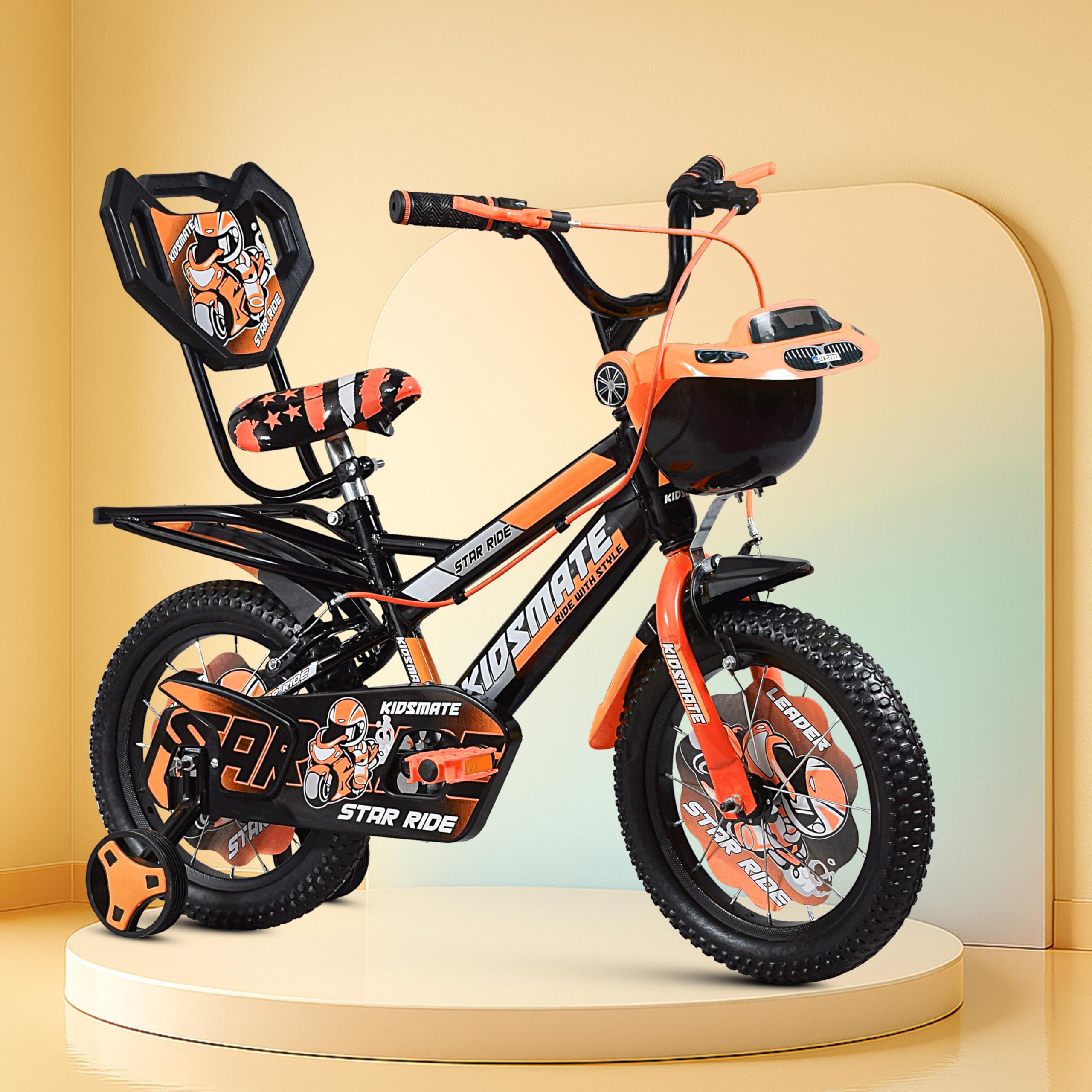 Kidsmate Star Ride 14T Kids Bicycle with Training Wheels | Cycle for Kids Featuring Front Basket, Adjustable Seat & Strong Steel Frame | Perfect First Ride Kids Cycle for 2-5 Years - Neon Orange-image-33