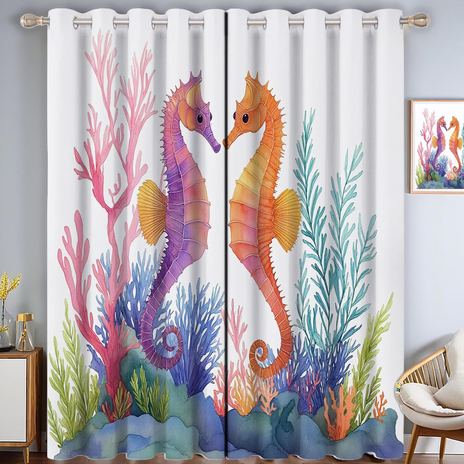 Sage Green Black Out Curtains,Watercolor Jungle Illustration Leaf Pattern Blackout Window Curtains Decor for Bedroom, Living Room, Art Gallery Grommet Window Drapes 2 Panel Set, 38" × 54"