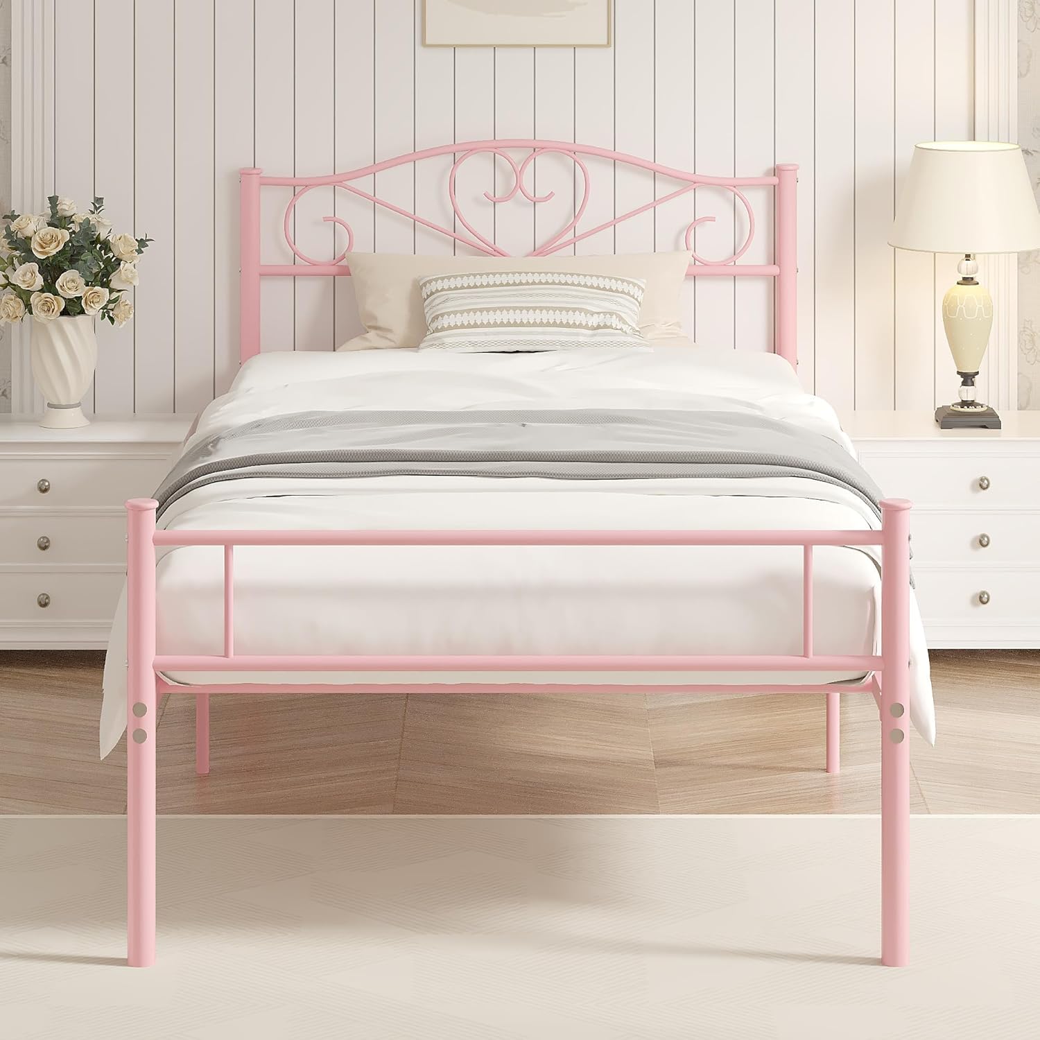 VECELO Twin Size Bed Frames with Headboard and Footboard, Metal Mattress Foundation, No Box Spring Needed, Heavy Duty/Easy Set Up, 2 PCS, Classic Black