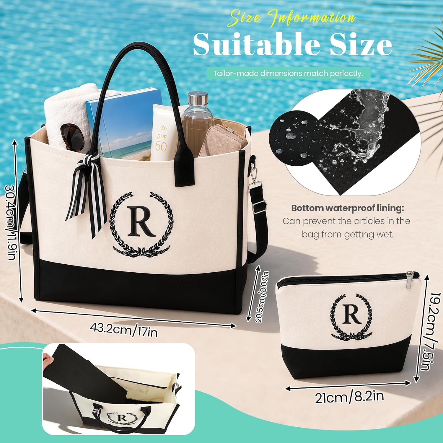 Embroidered Floral Monogram Canvas Tote with Zipper Pockets Gift for Her image 3