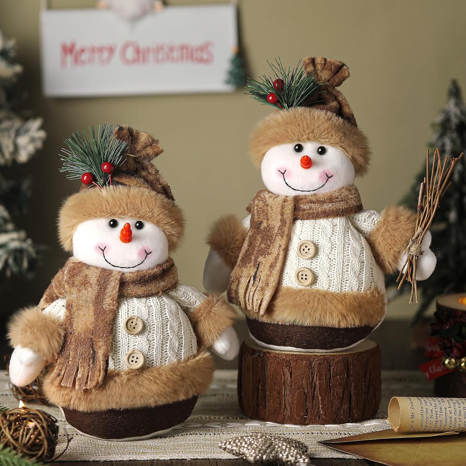 Pinkunn Set of 2 Christmas Plush Snowman Doll Tabletop Decorations 9 x 7.8 Inch Xmas Handmade Christmas Plush Farmhouse Rustic Snowman Stuffed for Home Xmas Winter Holiday Party Decor
