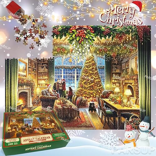 Miniatura 14 de Calendario de Adviento de Navidad 2025 rompecabezas con póster de referencia 1:1 – 1000 piezas de rompecabezas de chimenea para niños y adultos, 24