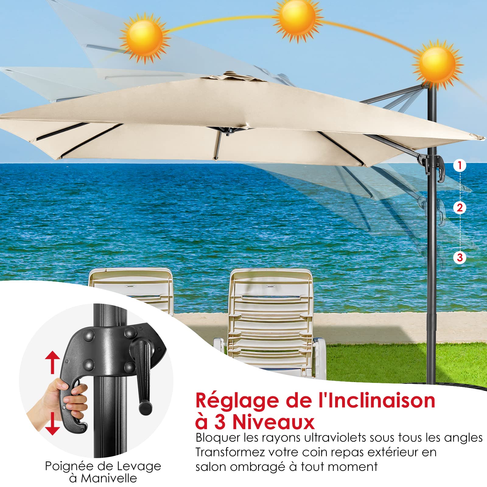 COSTWAY Parasol de Jardin Extérieur, Parasol Déporté Carré 3x3M à Manivelle, Inclinable et Rotation à 360°, 8 Baleines, Toit Double Ventilation Protection UV, pour Terrasse, Patio, Balcon, Beige