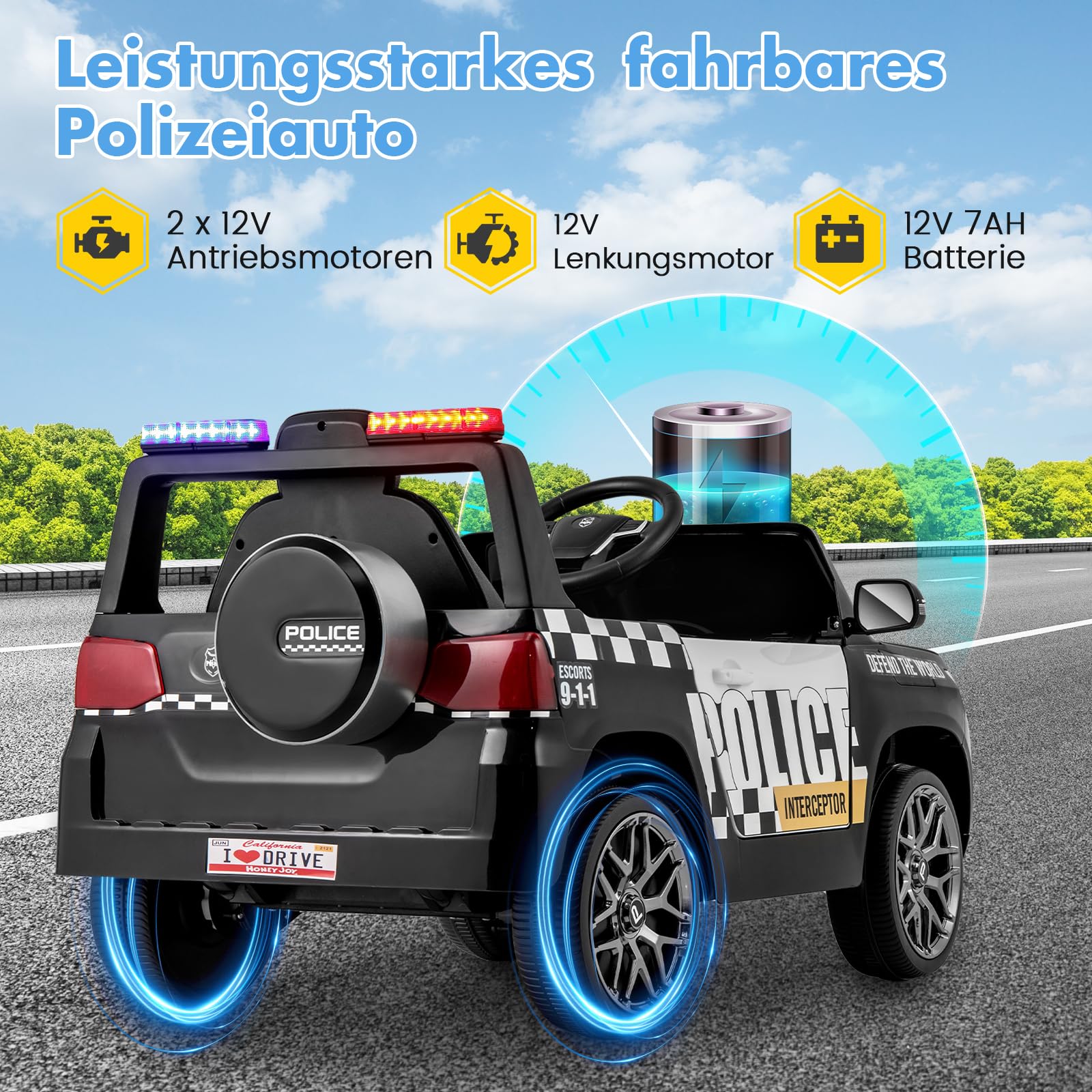 GOPLUS Elektryczny samochód policyjny, 12 V, elektryczny samochód dziecięcy z pilotem zdalnego sterowania, muzyka i klakson, syrena i światło LED, bezprzewodowe połączenie, zawieszenie, pojazd