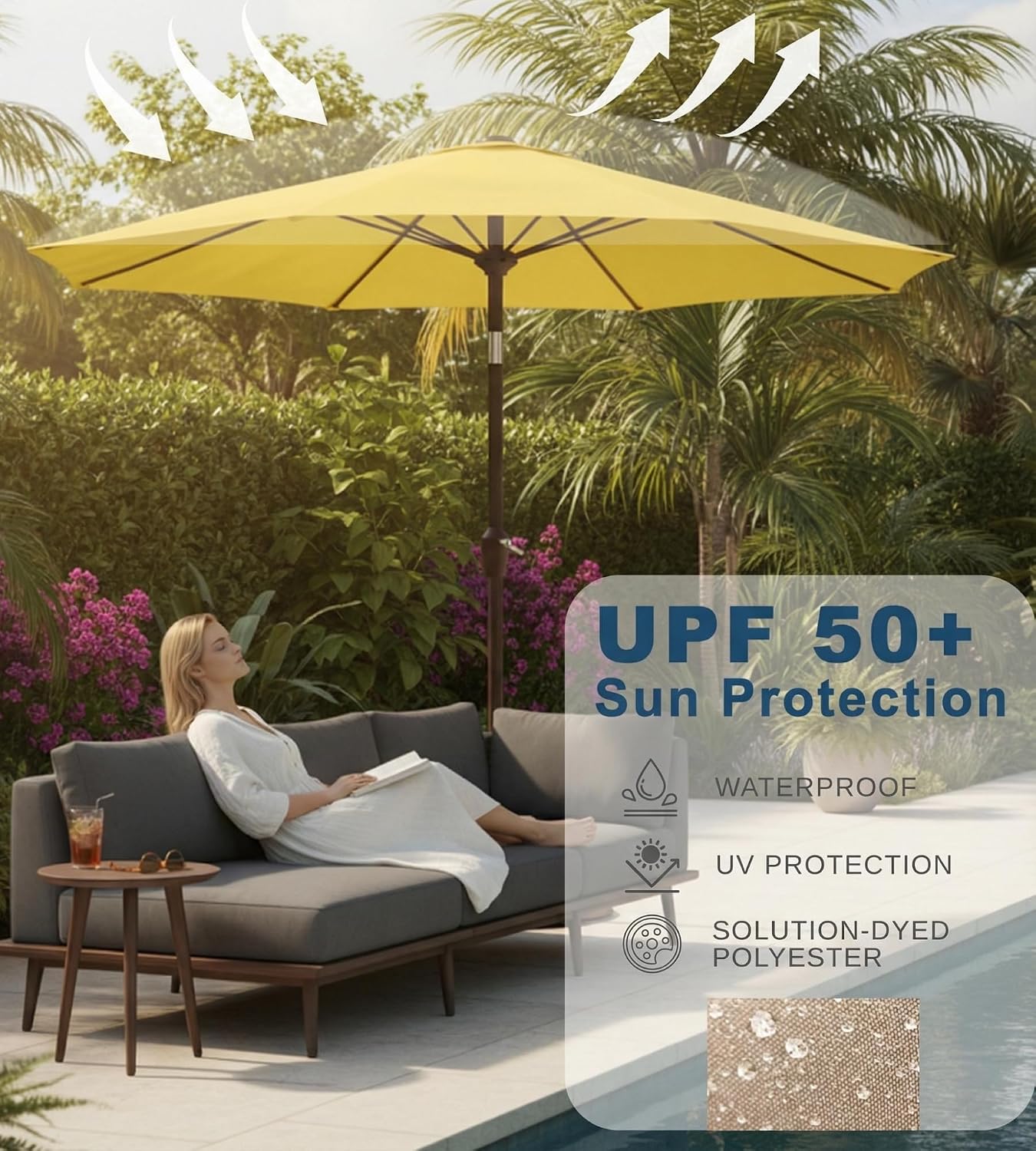 9FT Auto-Tilt Patio Umbrella|Outdoor Market Table Umbrella with 8 Fiberglass Ribs for Pool,Deck&Backyard (Yellow)