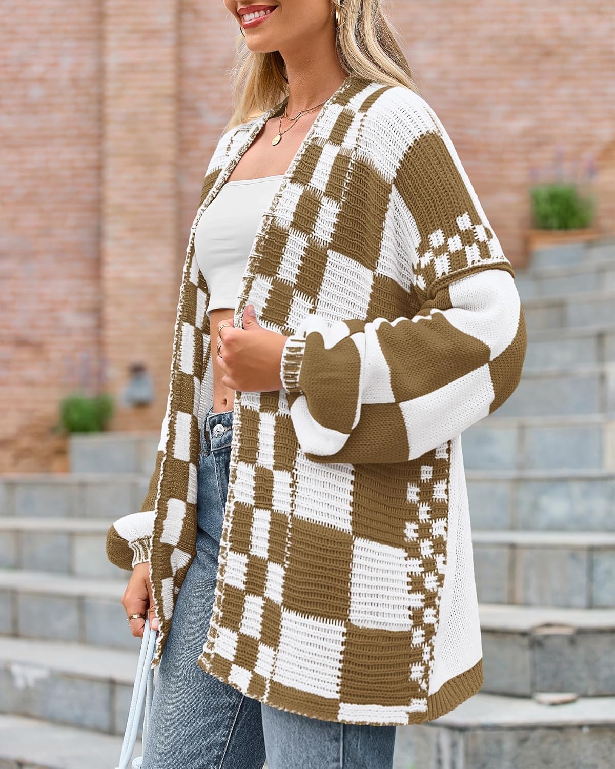 BTFBM Casual Cardigan Sweater for Women Fall 2026 Long Sleeve Open Front Chunky Knit Sweaters Checkered Outwear Coat - Image 5