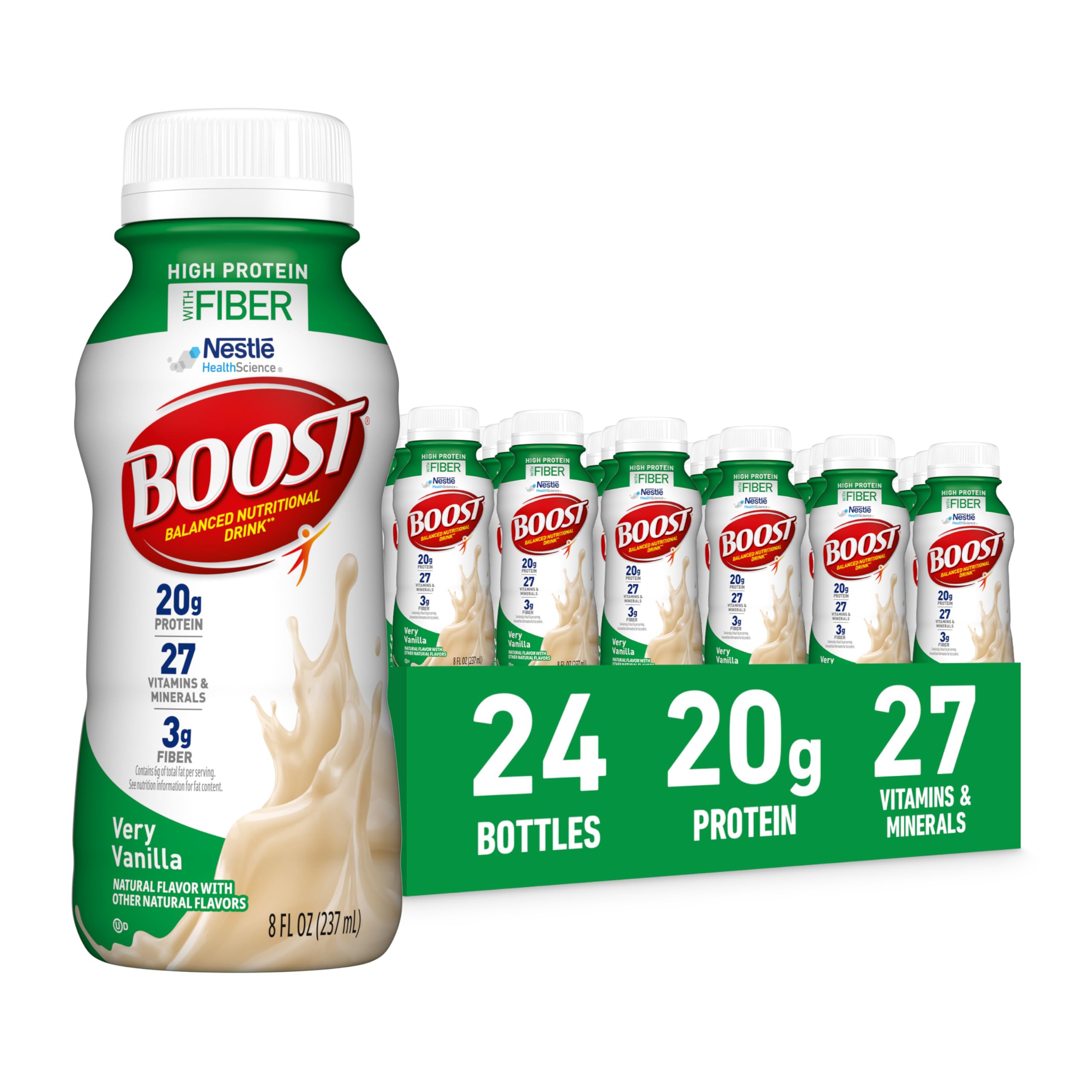 BOOSTHigh Protein with Fiber Ready to Drink Complete Nutritional Drink, Very Vanilla, 8 fl oz Bottle, 24 Pack