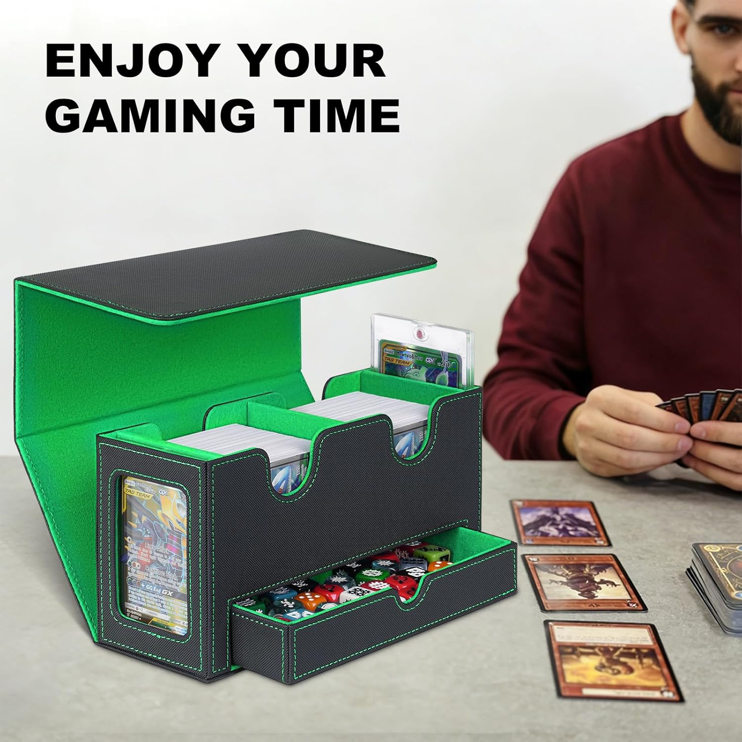 Card Deck Box for MTG Commander, Deck Display Case Holds 200+ Double-Sleeved Cards, 35pt Card Brick & Dice Tray, Storage Box For TCG CCG Sports, Black&Green