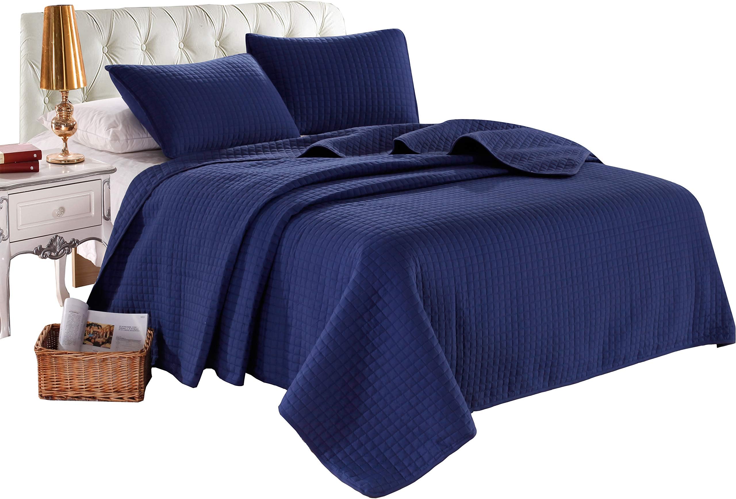 King Navy Blue Solid Color Box Stitch Quilted Bedspread Coverlet 96 by 102 inches Plus 2 King Shams 20 by 36 inch Breathable Reversible Bed Cover for Homes,Hotels,Motels, Rentals 5.22 lbs