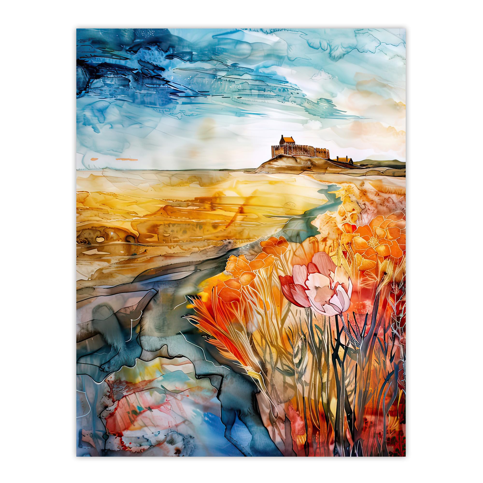 Artery8 Colourful Watercolour Bamburgh Castle View Floral Living Room Large Wall Art Poster Print Thick Paper 18X24 Inch
