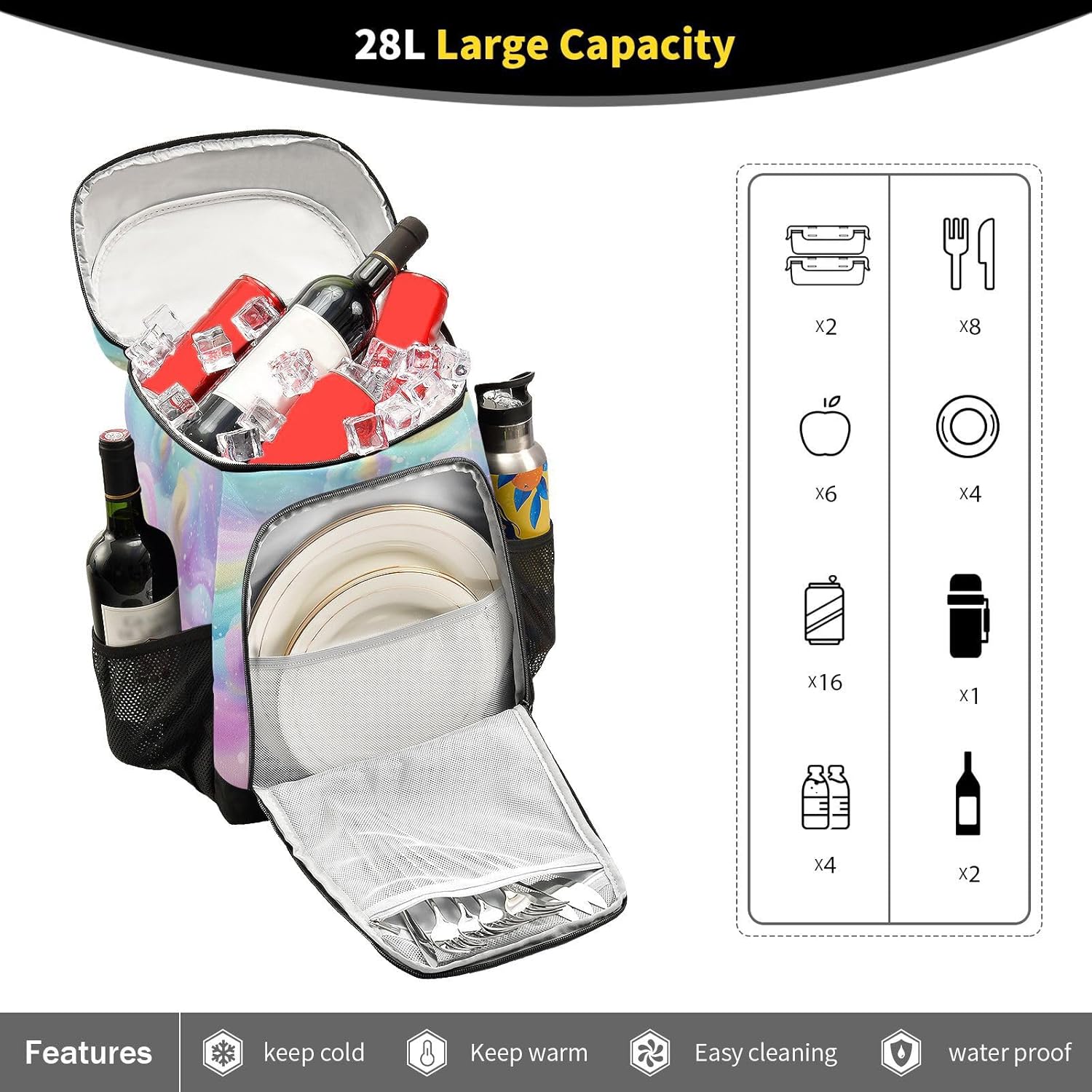 Colorful Wave (3) Cooler Backpack 36 Cans Leakproof Waterproof Backpack Cooler Bag Beach Accessories Travel Camping Fishing Backpack for Women Men