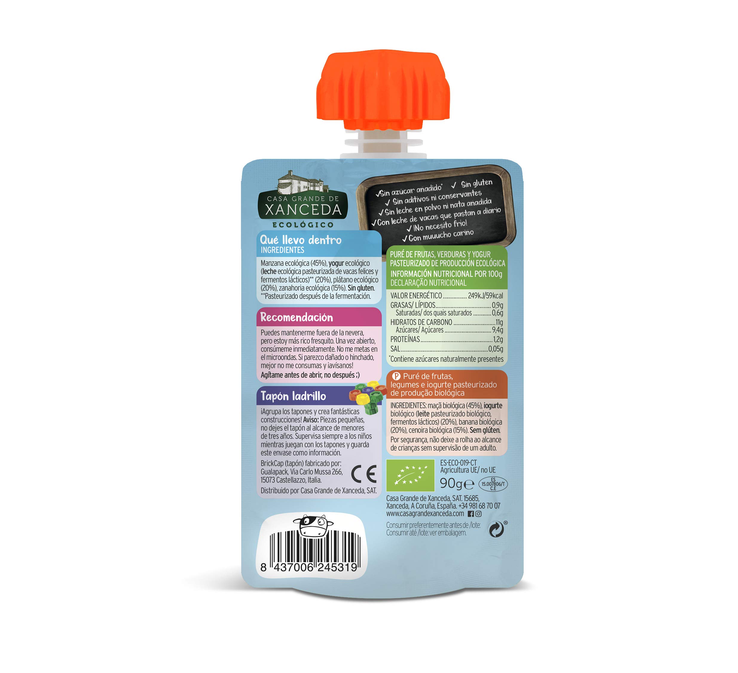 Bolsita de fruta y zanahoria con yogur ecológico Casa Grande de Xanceda 14 uds x 90g