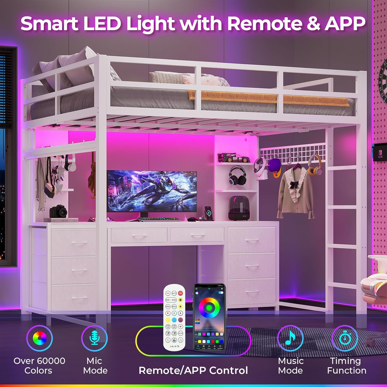 ADORNEVE Full Size Loft Bed with Desk and 8 Storage Drawers, Metal Loft Beds Full with LED Lights & Charging Sation, Heavy Duty Loft Bed Frame with 6 Storage Shelves, Space-Saving, Noise Free,White