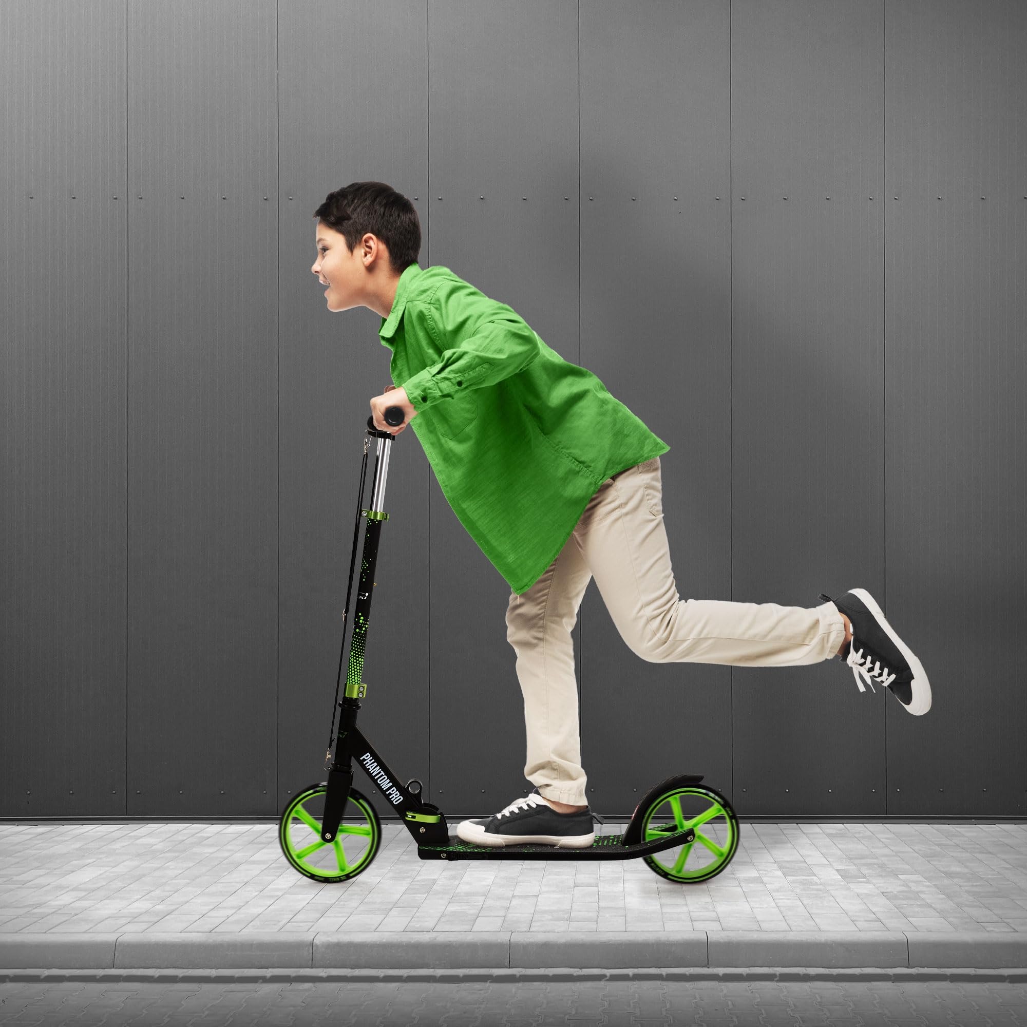 Hauki Monopattino da Città Verde o Rosa, Pieghevole e Regolabile in Altezza, con Ruote XXL e Freno al Pedale, Scooter Urbano per Bambini e Adulti con Cavalletto e Tracolla, Patinete a Spinta