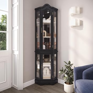 BELLEZE Lighted 3-Side Glass Display Curio Cabinet w/Tempered Glass Doors and Shelves, Curved Wood Corner Cabinet with Bulb, Corner Storage Rack for Living Room and Kitchen Black