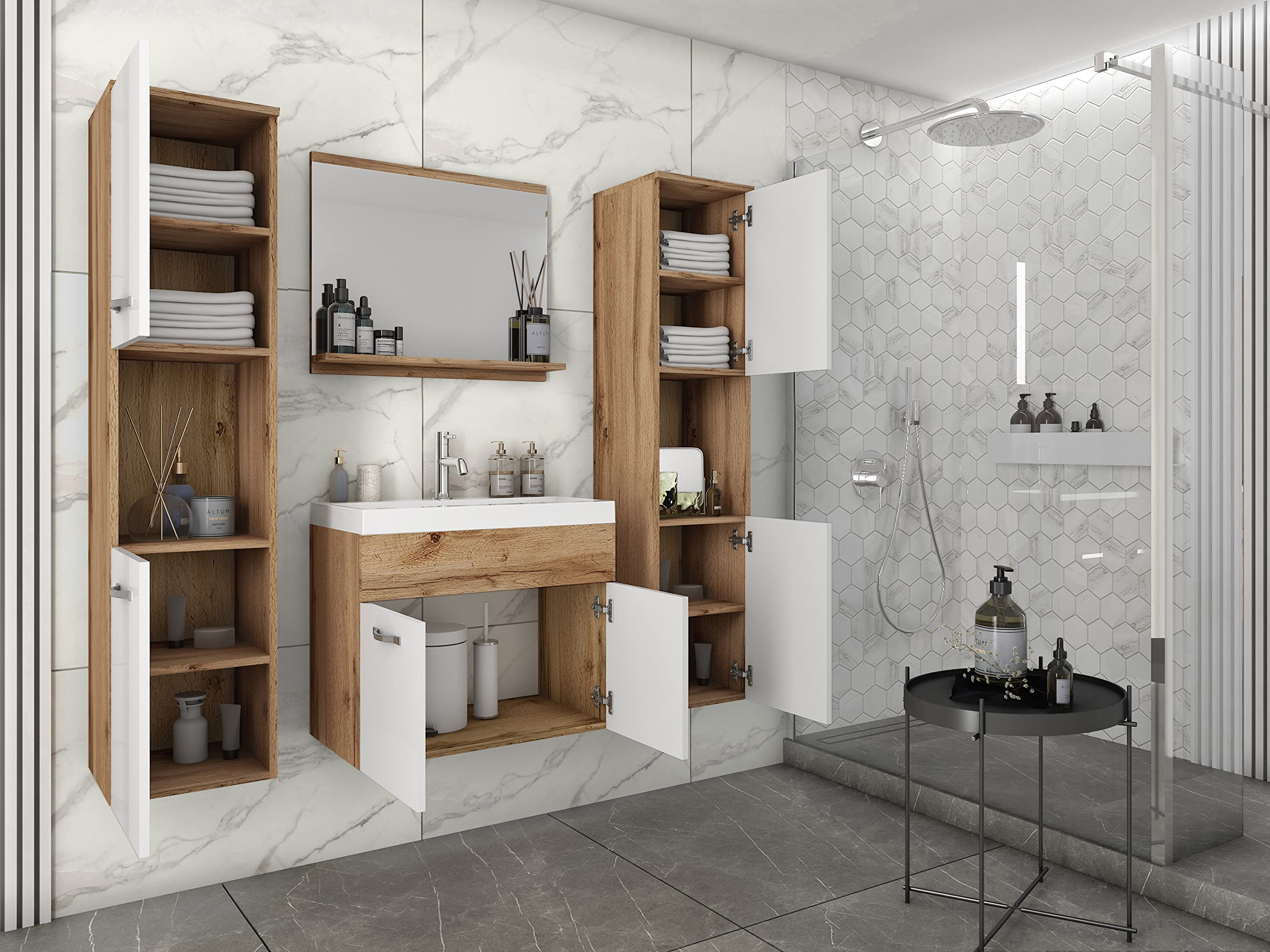 MINIO go for it - Ensemble de Meubles de Salle de Bain Monal 4 pièces | Armoire avec lavabo, panneau de particules, poignées et ferrures en métal, chêne Wotan et blanc brillant