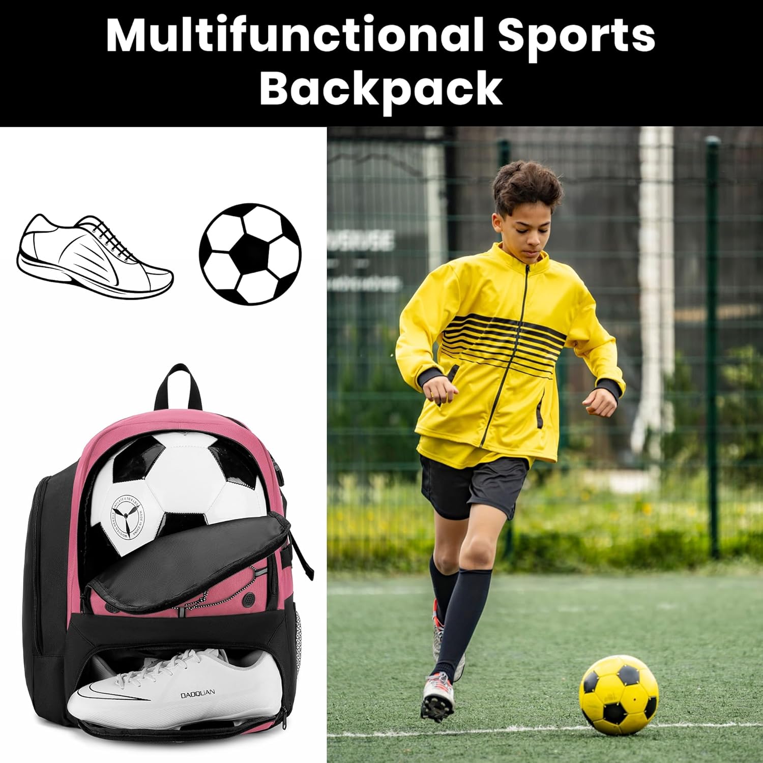 Soccer Backpack with Ball Holder,Youth soccer Bag for Basketball,Volleyball-Includes Separate Shoe Compartment&and Insulation (Light Pink) - Image 8