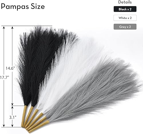 Miniatura 9 de Serwalin Decoración de hierba de las pampas, decoración de pampas negra, 17 pulgadas, 6 piezas de hierba sintética de pampas, decoración moderna