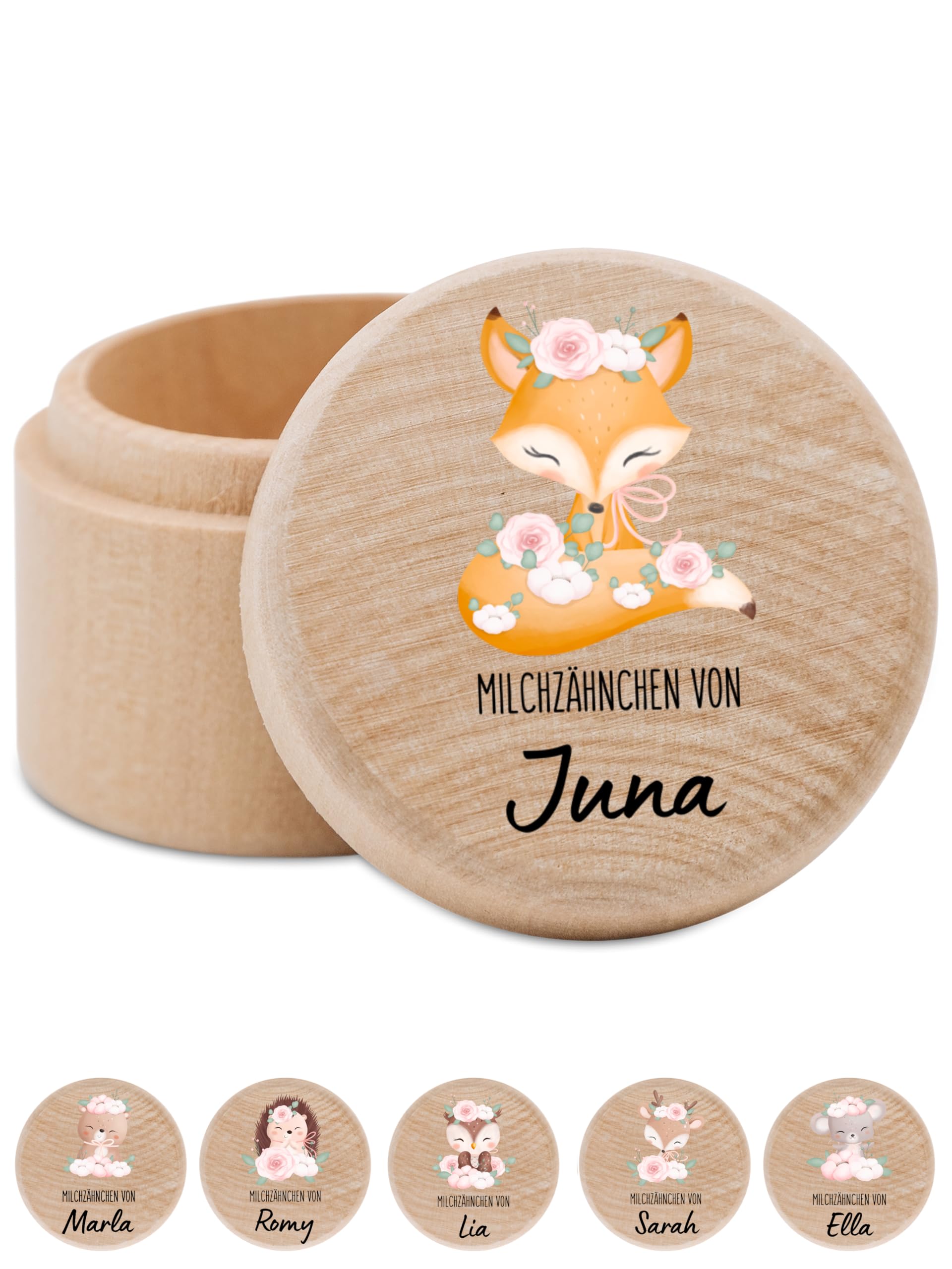 Bärenfreunde - Milchzahndose personalisiert aus Holz mit kinderfreundlichem UV-Druck - Zahndose Milchzähne als Erinnerung an die ersten Zähnchen (Fuchs Blumen)