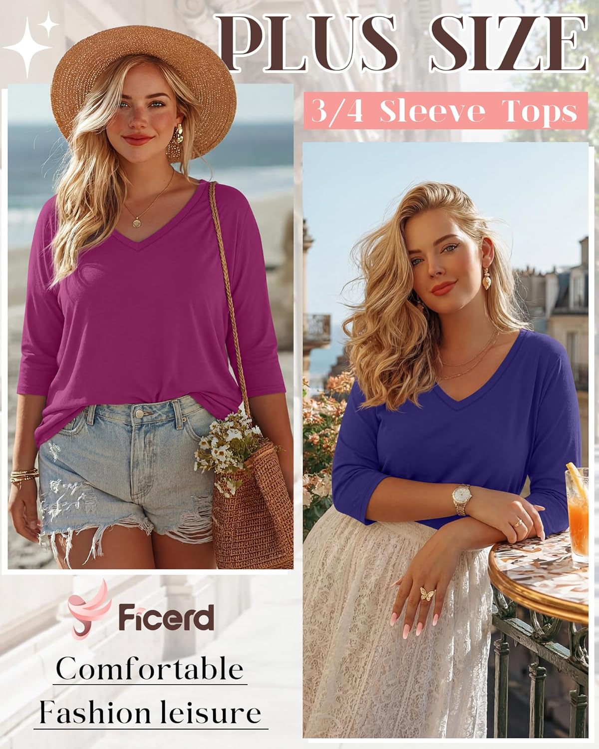 Ficerd 3 Pack Cotton Plus Size 3/4 Sleeve Tops for Women V Neck T-Shirts Casual Loose Fit Trendy Basic Tees Clothes