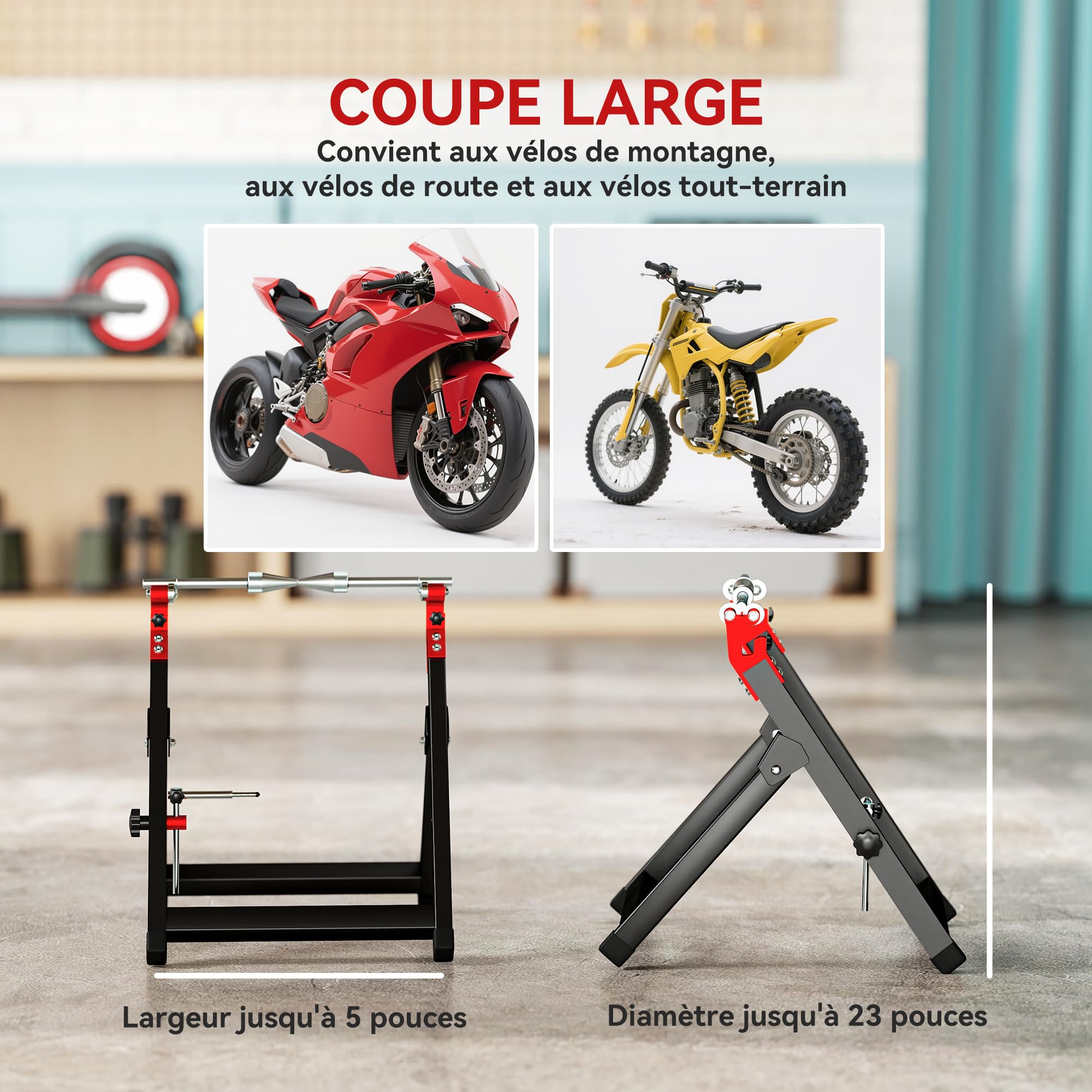 HOMCOM Bilanciatore manuale di ruote moto alluminio e acciaio bilanciamento danni ruote pieghevole con chiave a raggi, compatibile fino a 21 pollici, nero