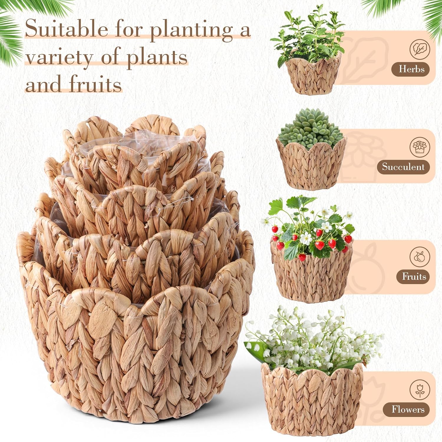 4 Pack Scalloped Wicker Plant Basket Water Hyacinth Plant Baskets Hand Woven Flower Pots Storage Containers with Plastic Liners for Indoor Outdoor Decoration, 10.2, 8.7, 7.5, 6 Inch(Untrim)