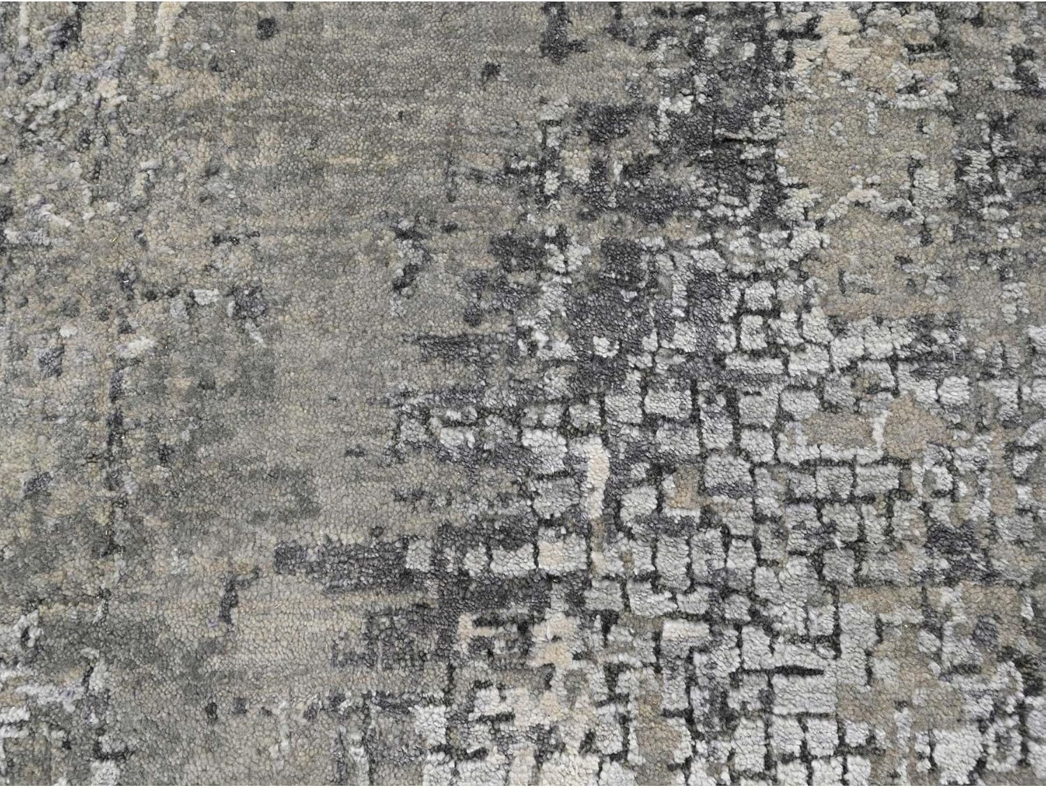 Abstract Mosaic Design Hand Knotted Oriental Rug, Taupe, Wool and Silk, 4'1"x6', Modern Style