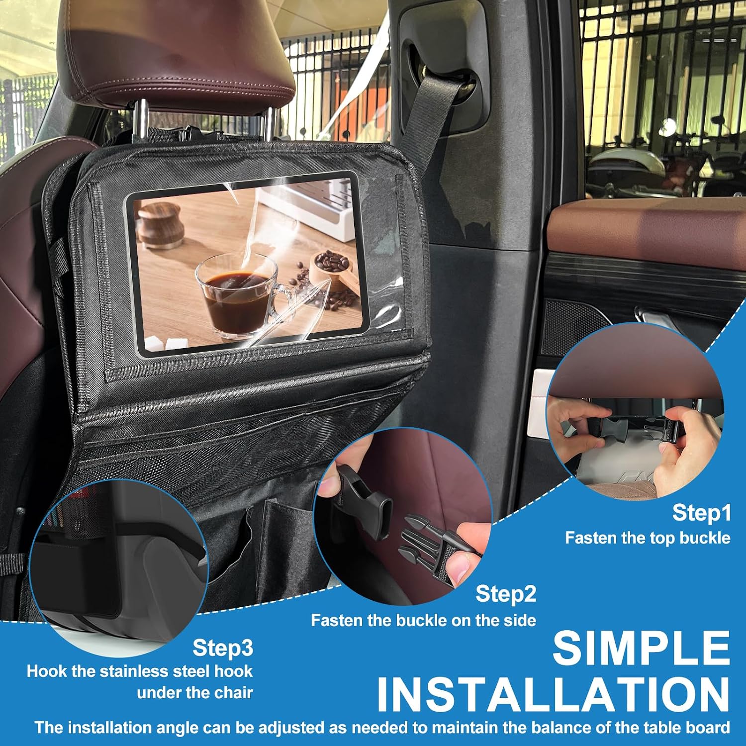 Car Backseat Organizer with Tablet Holder & Foldable Food Tray, 10 Storage Pockets Backseat Car Organizer and Storage with 600D Oxford Cloth, Protector Kick Mats for Kids, Travel Accessories Organizer
